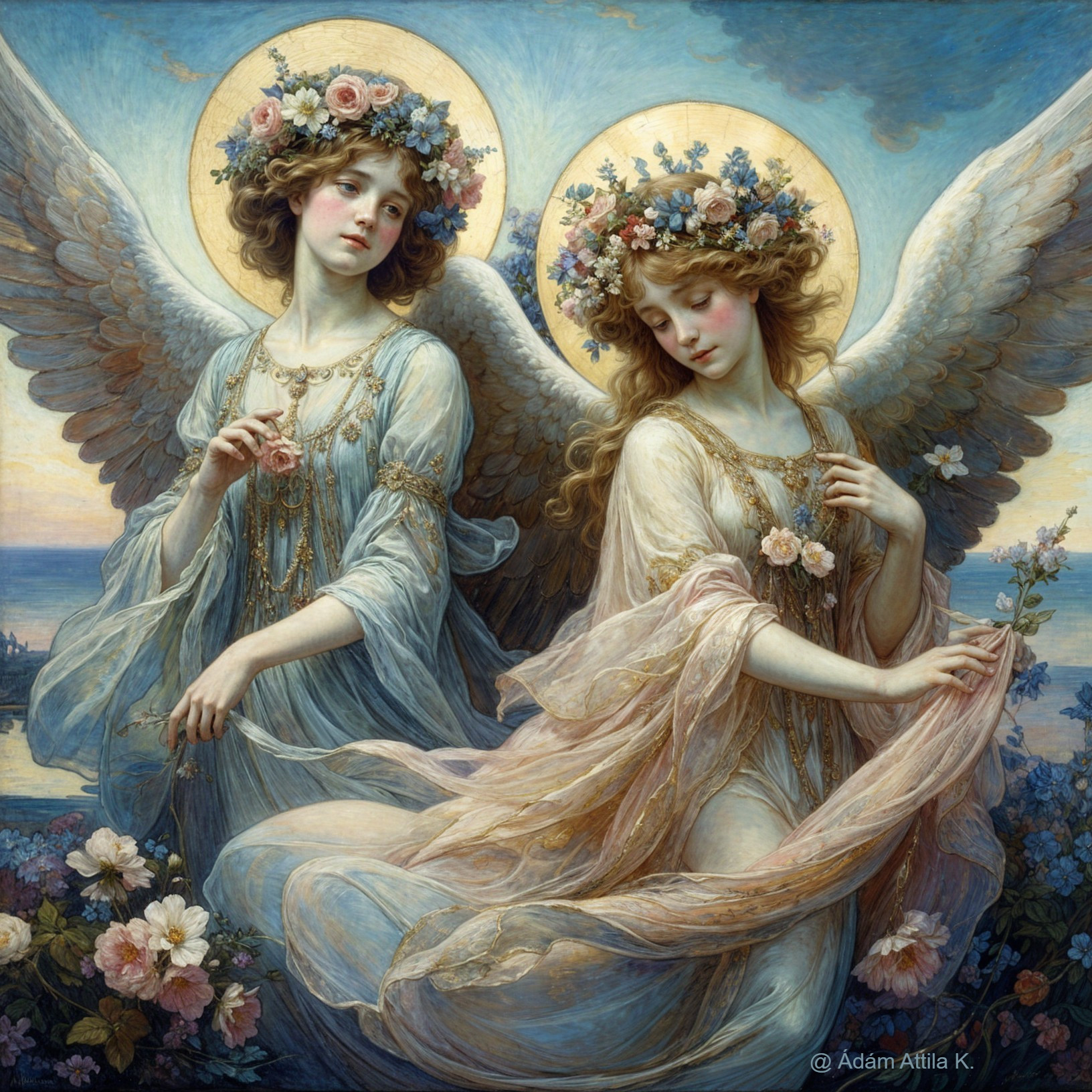 Angels with Floral Crowns in Serene Atmosphere