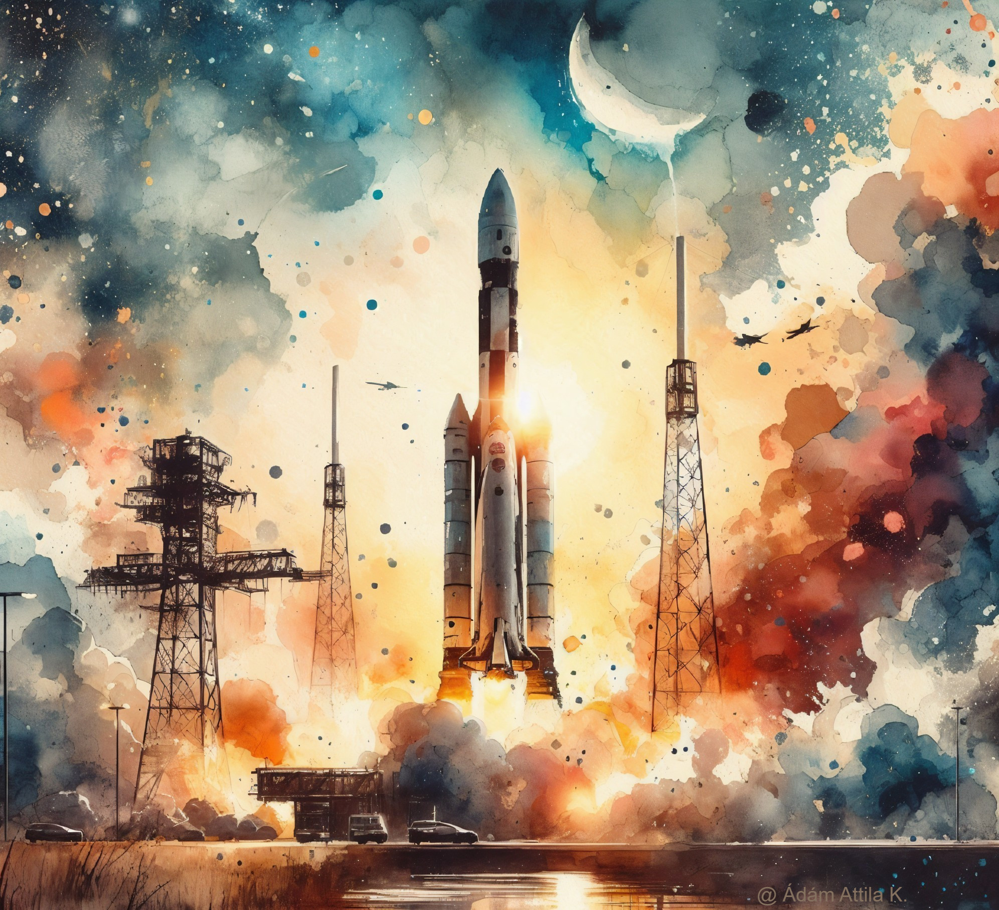 Rocket Launch Against a Colorful Watercolor Sky