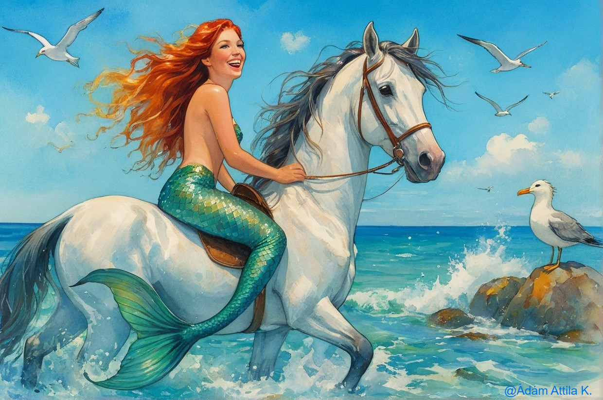 Mermaid and Horse by the Shoreline with Waves