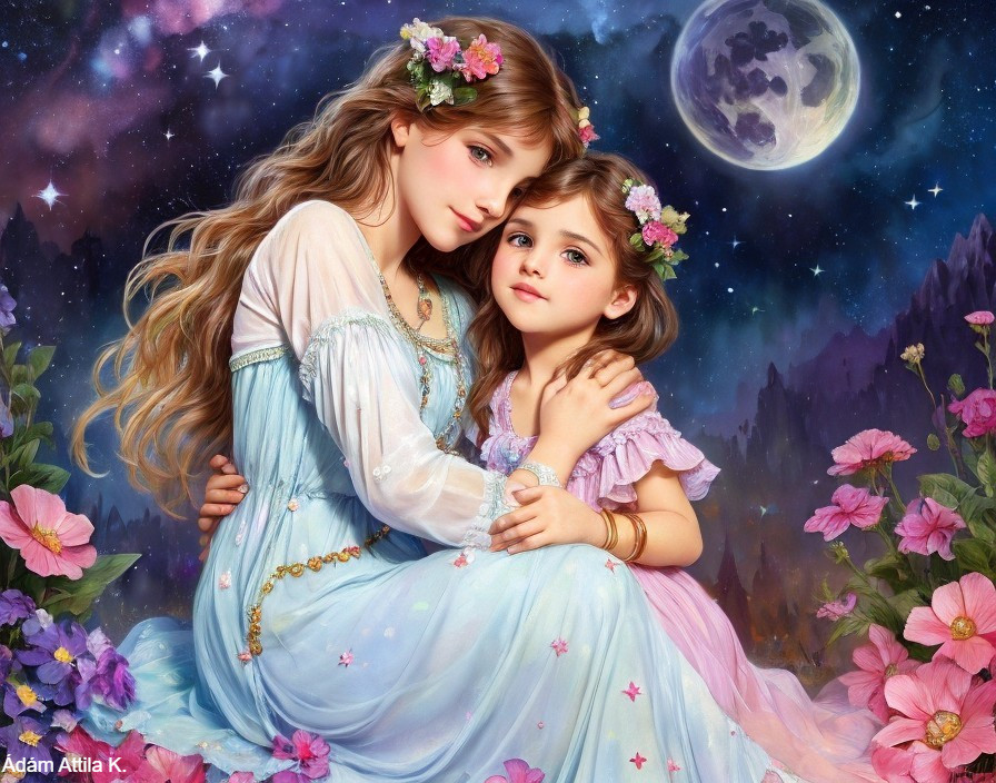 Serene Night Scene of Two Girls Embraced in Nature
