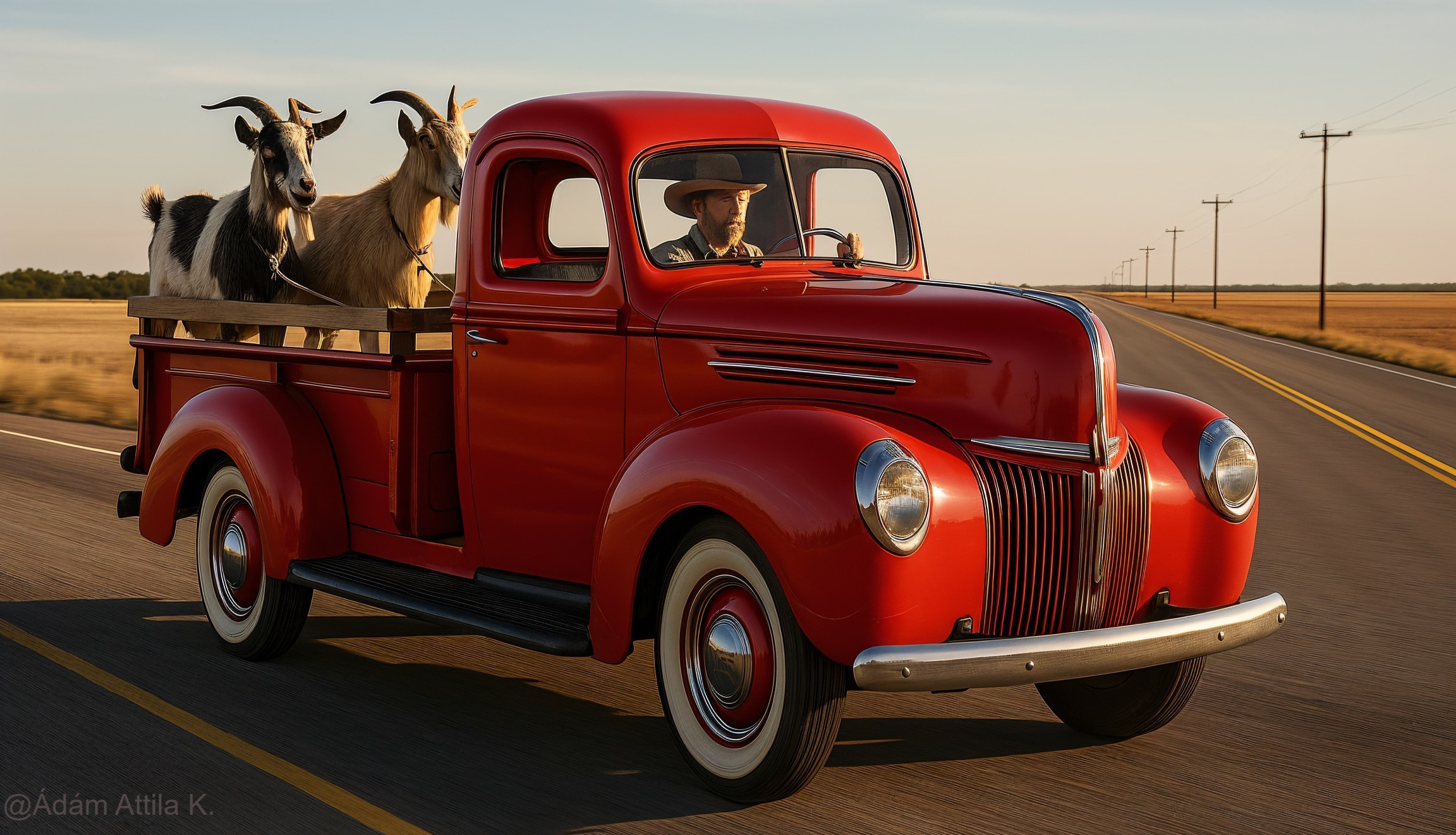Vintage red pickup truck on highway at sunset