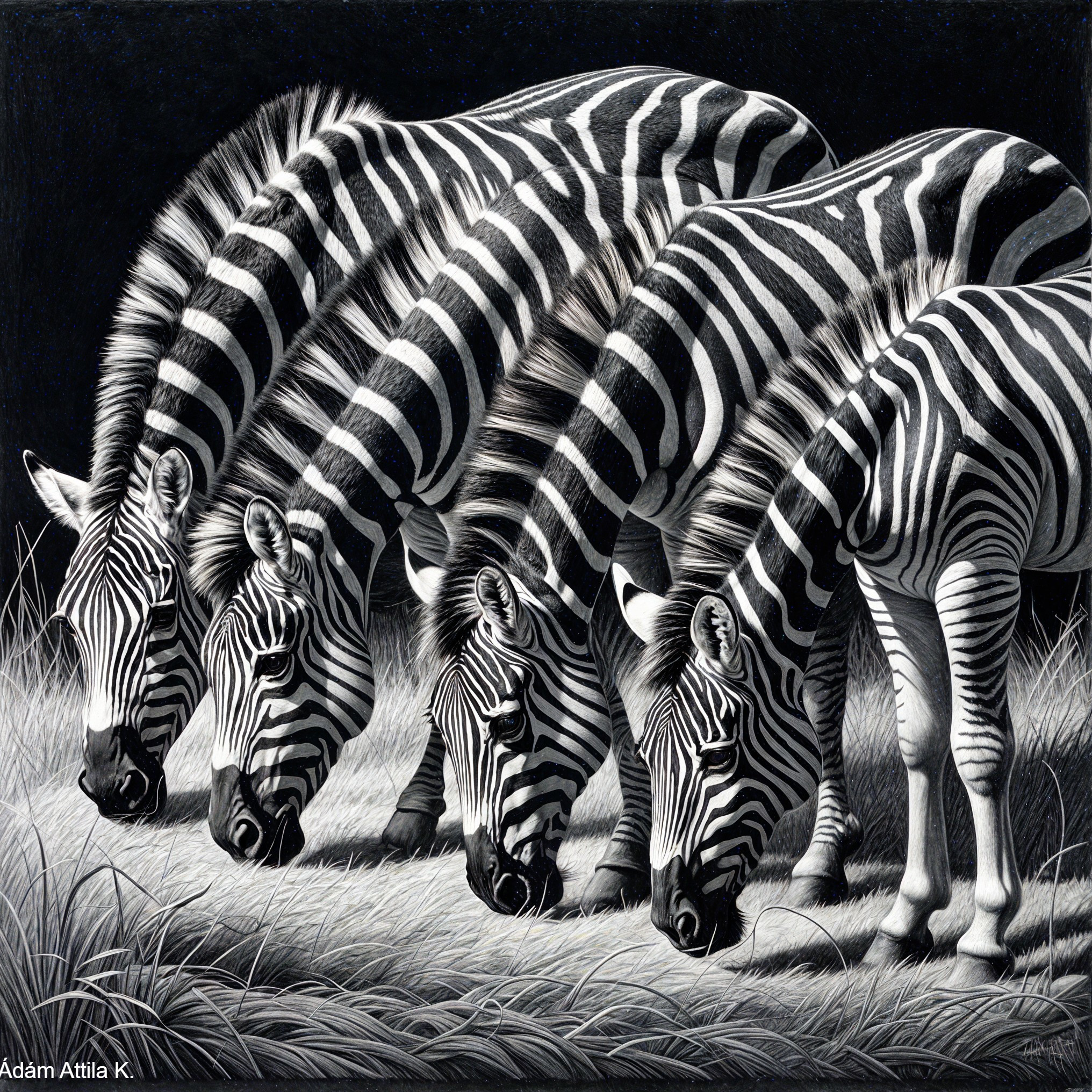 Monochrome Artwork of Grazing Zebras in Stripes