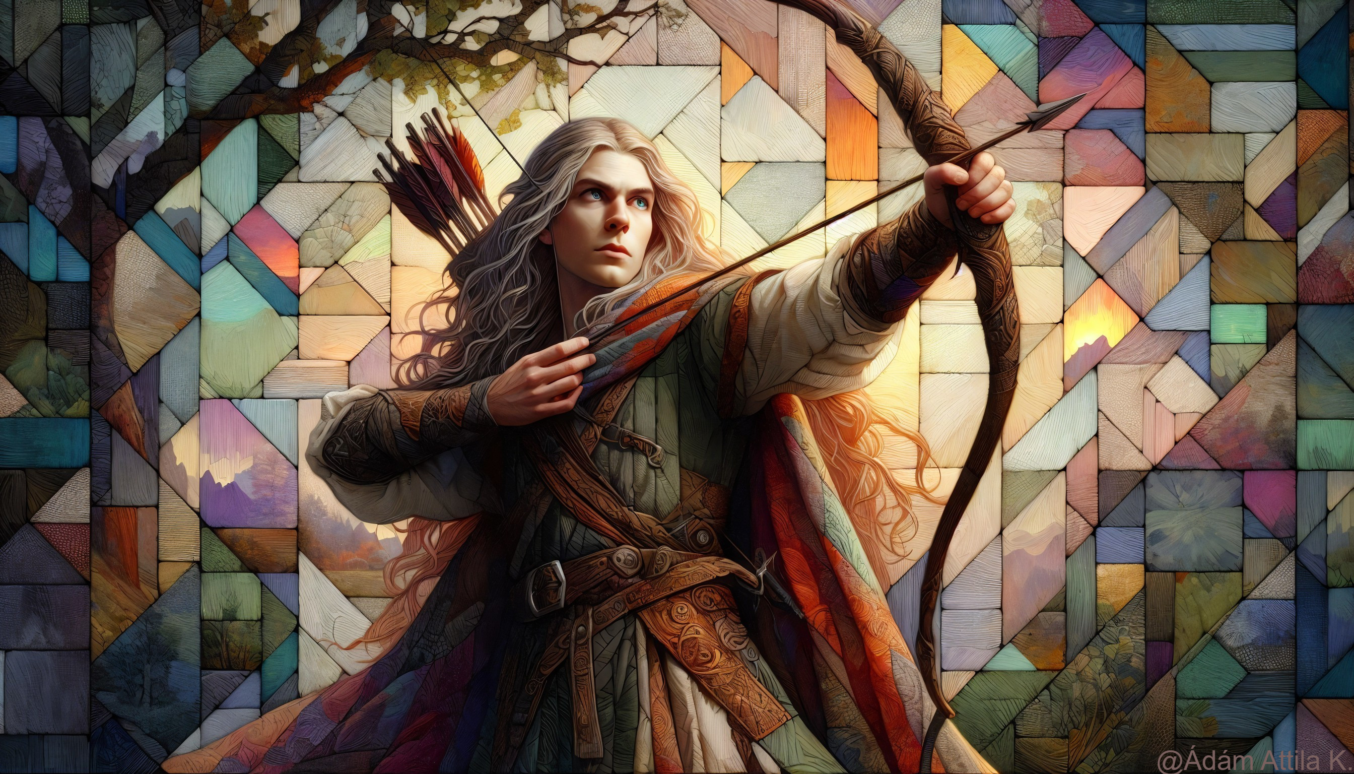 Ethereal Figure with Bow and Stained Glass Background