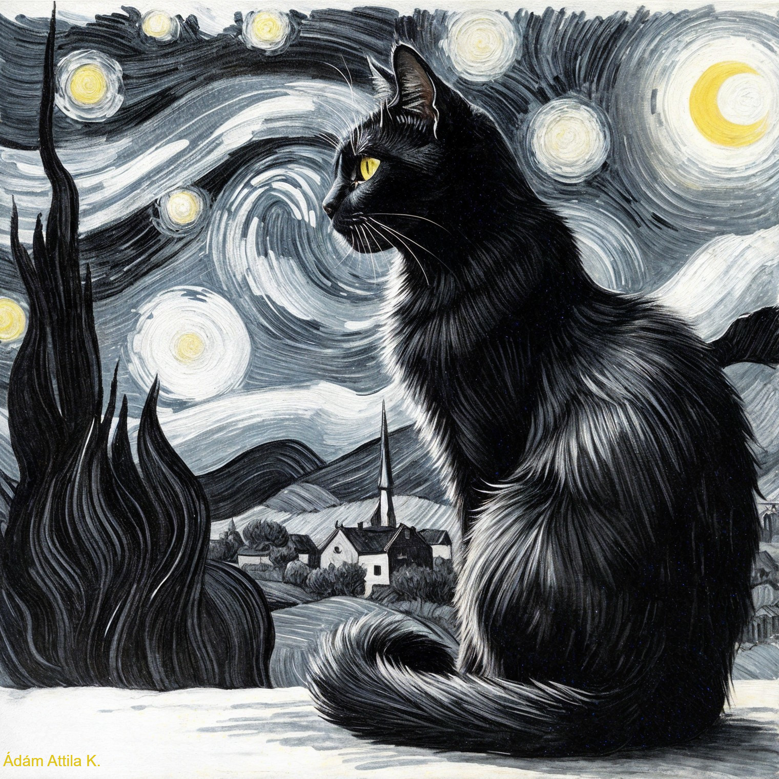 Black Cat in Profile Against Starry Night Sky