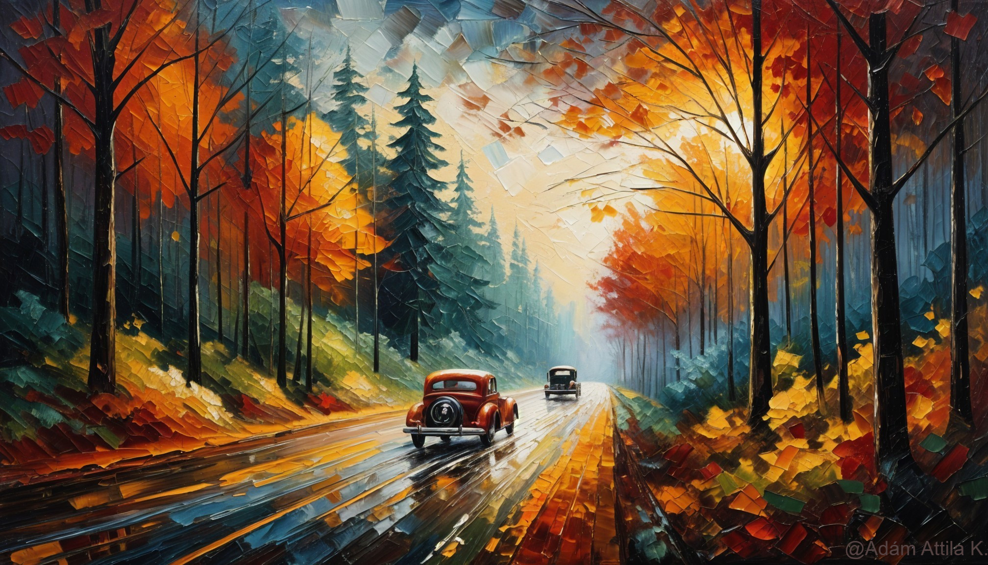 Autumn Landscape with Vintage Cars on Winding Road