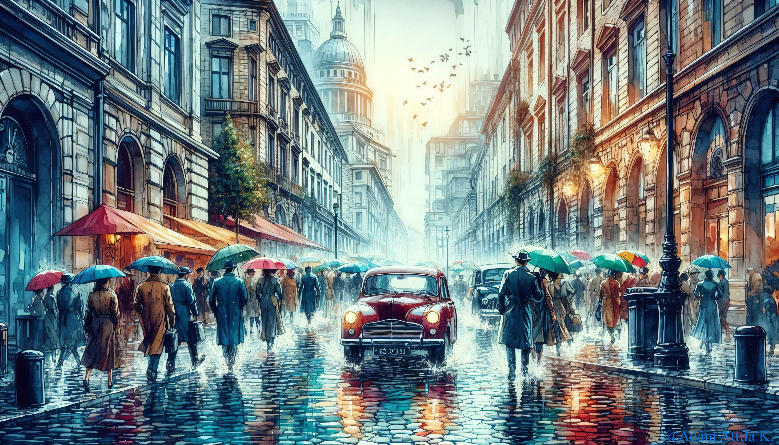 Vibrant Rainy Day Street Scene in a Bustling City