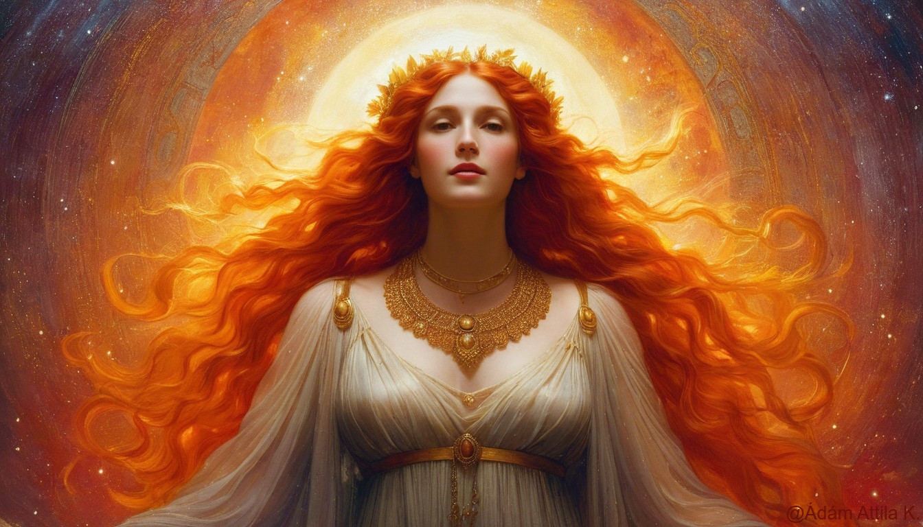 Radiant Woman with Fiery Red Hair and White Gown