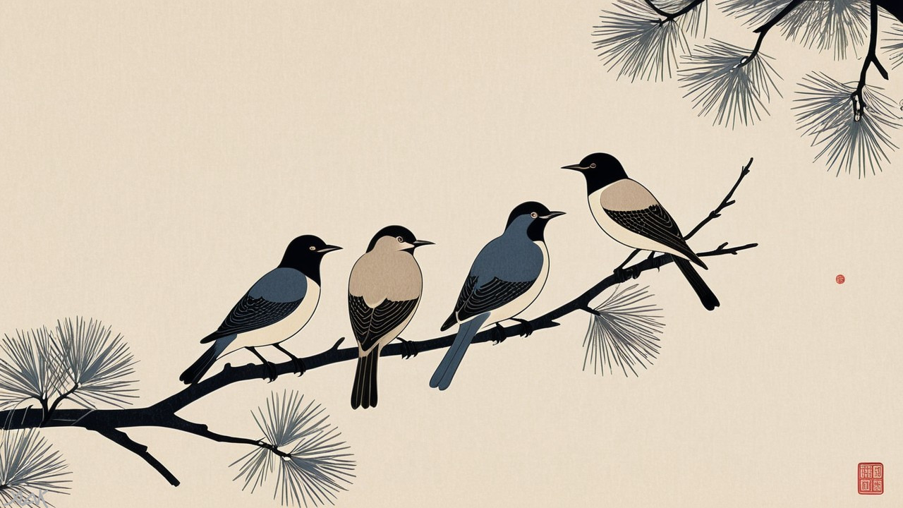 Stylized Birds on Branch with Pine Needles and Beige Background