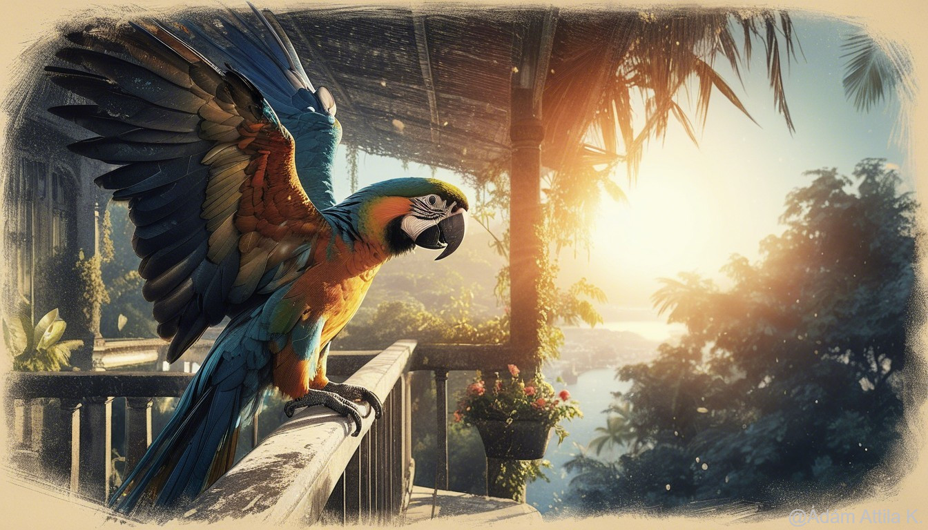 Vibrant Macaw on Balcony with Sunset Landscape