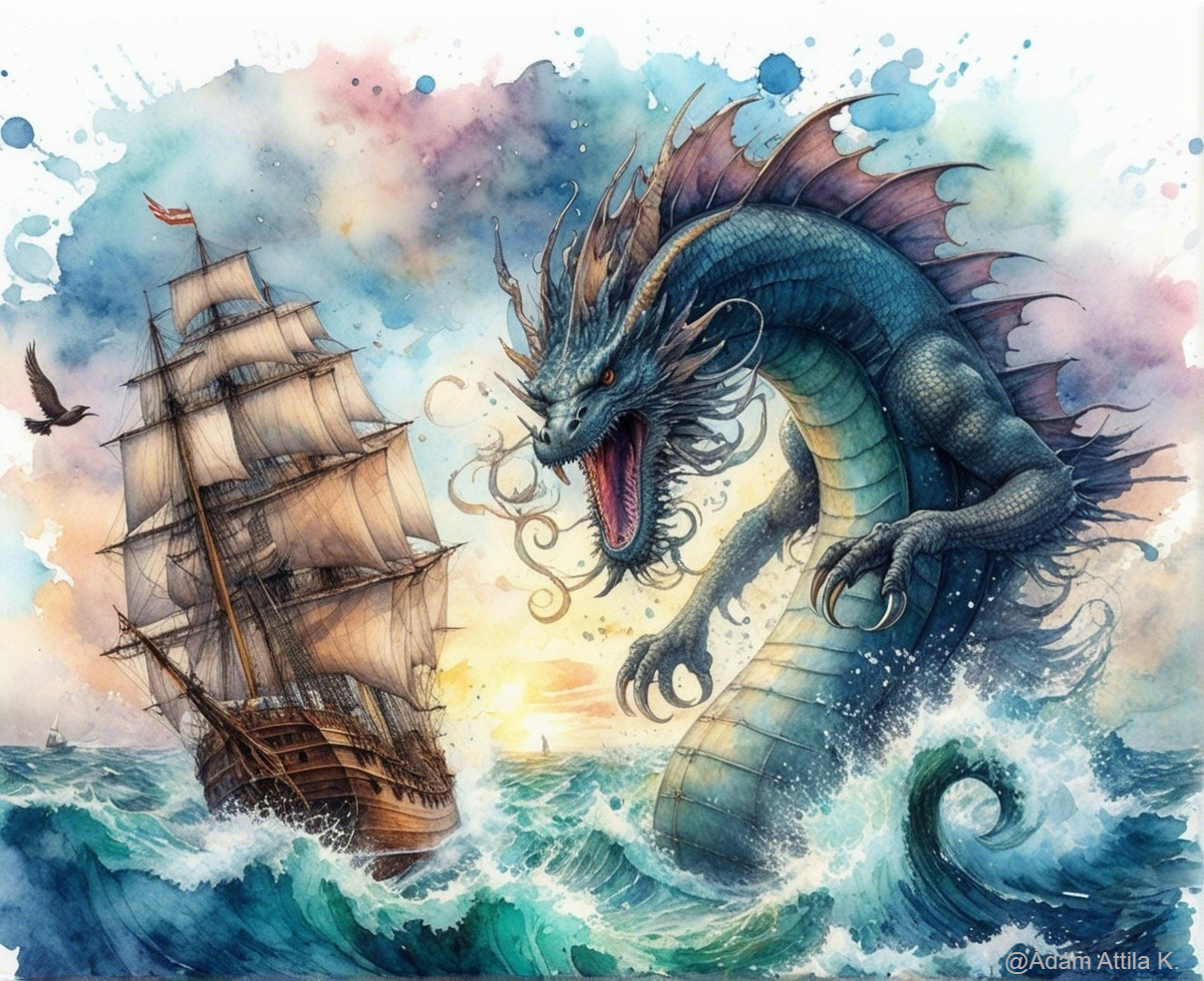 Dynamic Seascape with Sea Serpent and Sailing Ship