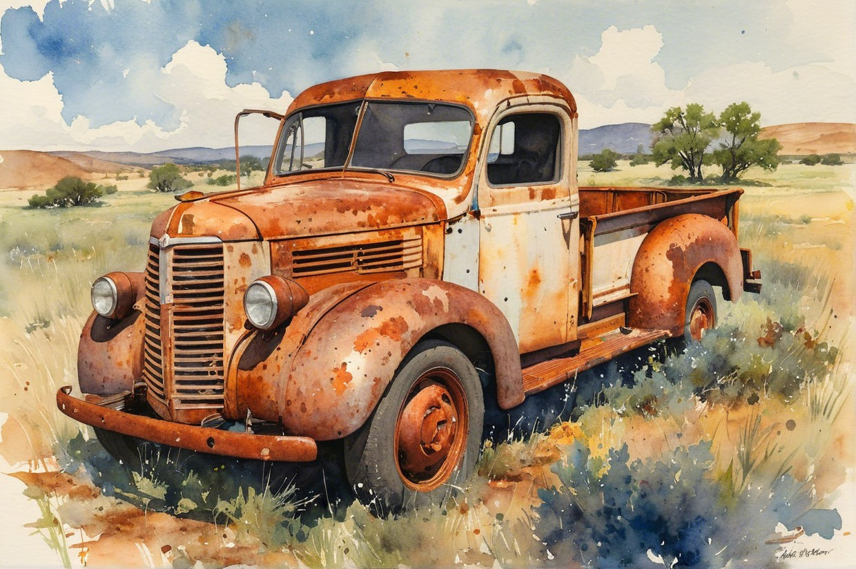 Abandoned Vintage Pickup Truck in a Field Scene