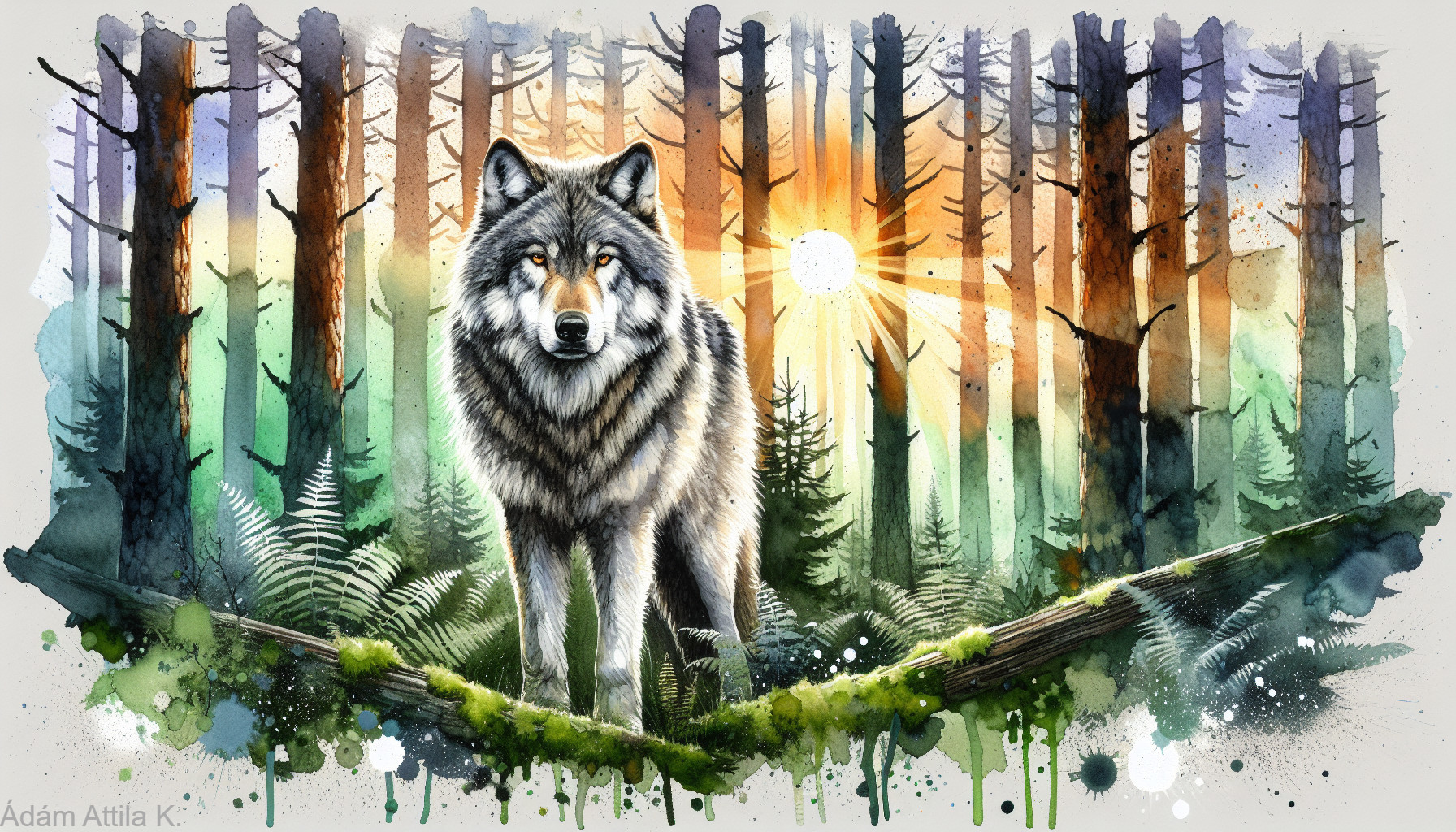 Majestic wolf on moss-covered log in serene forest