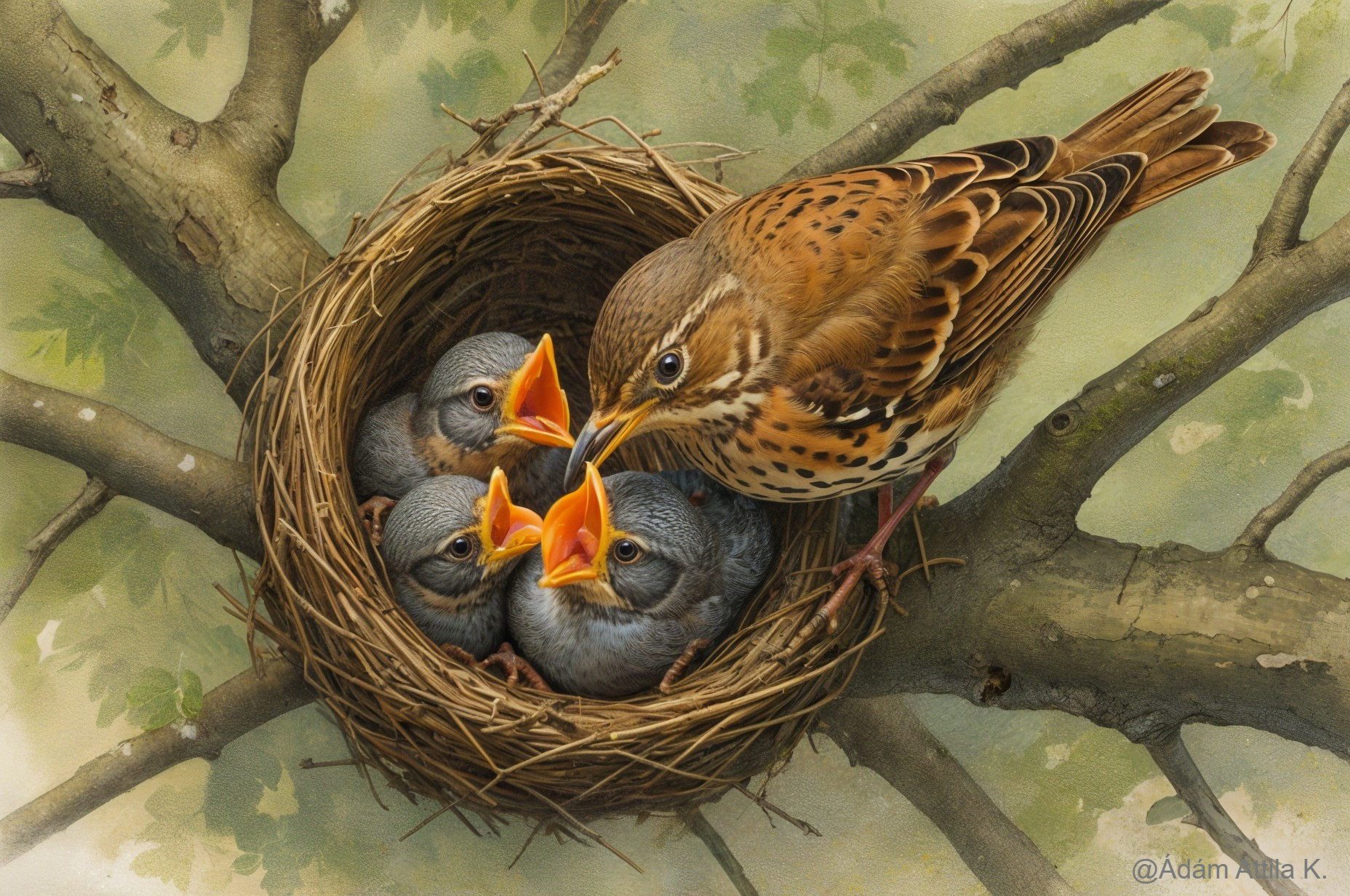 Mother Bird Feeding Three Chicks in a Nest