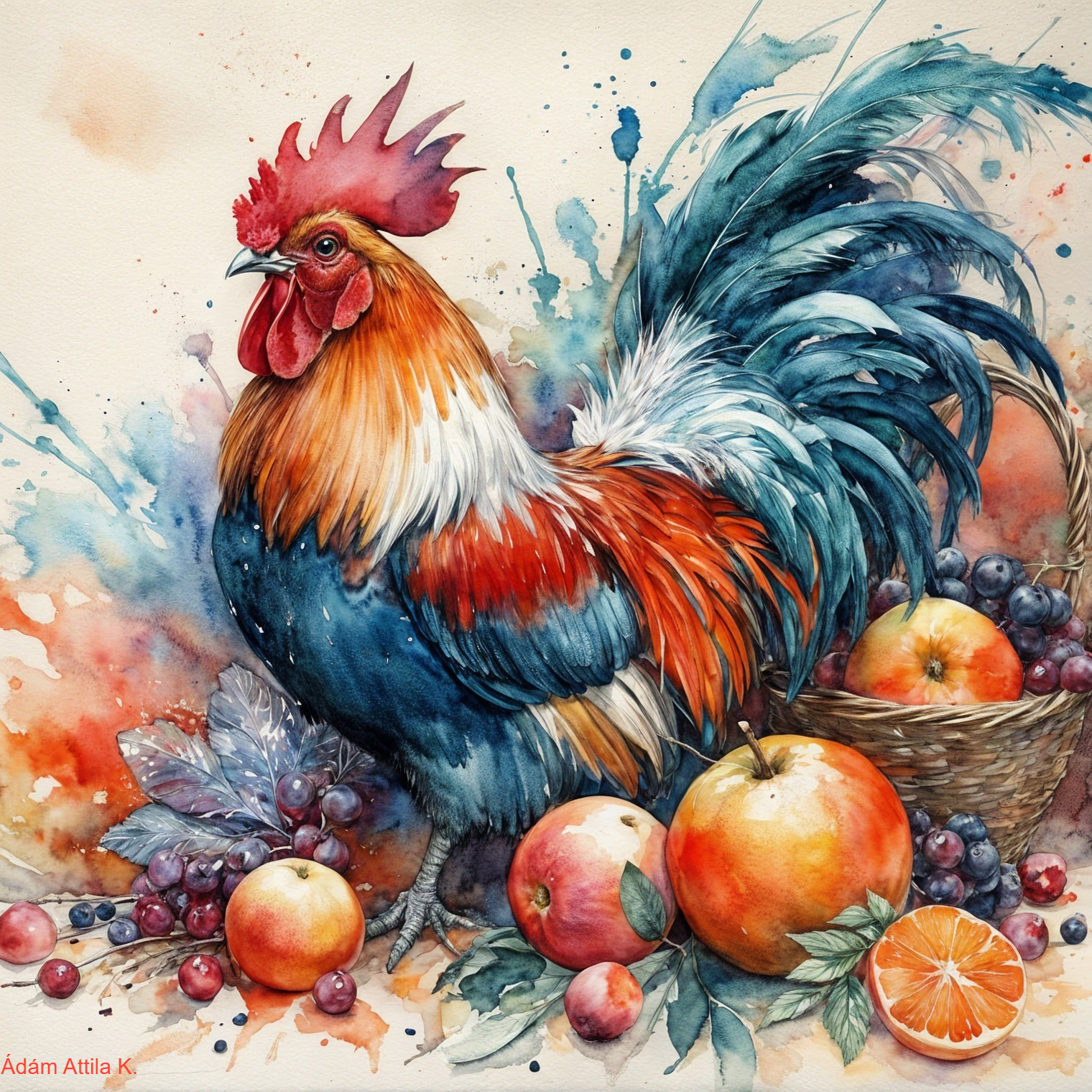 Vibrant Watercolor Rooster with Fresh Fruits