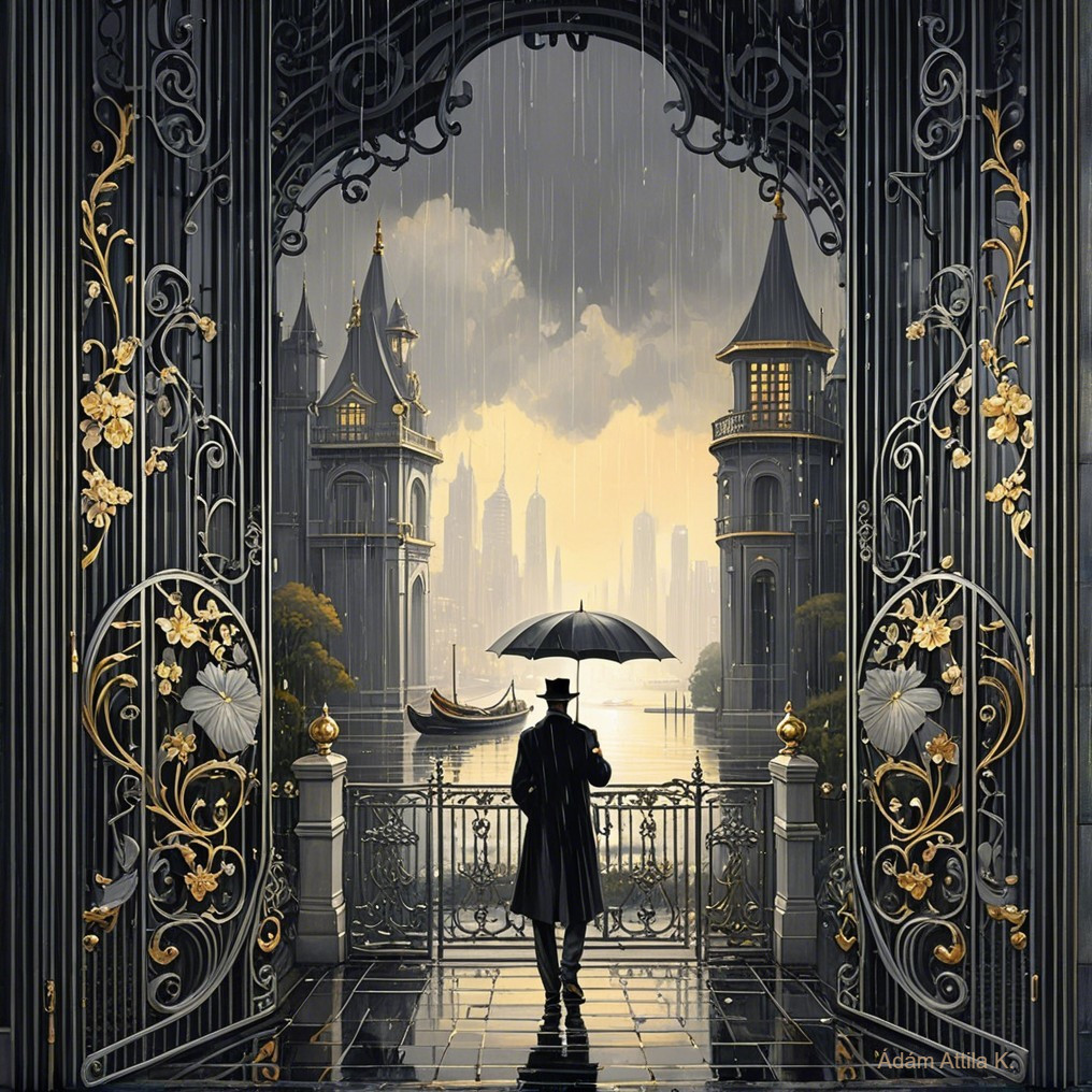 Man in dark coat at ornate gate by serene waterfront