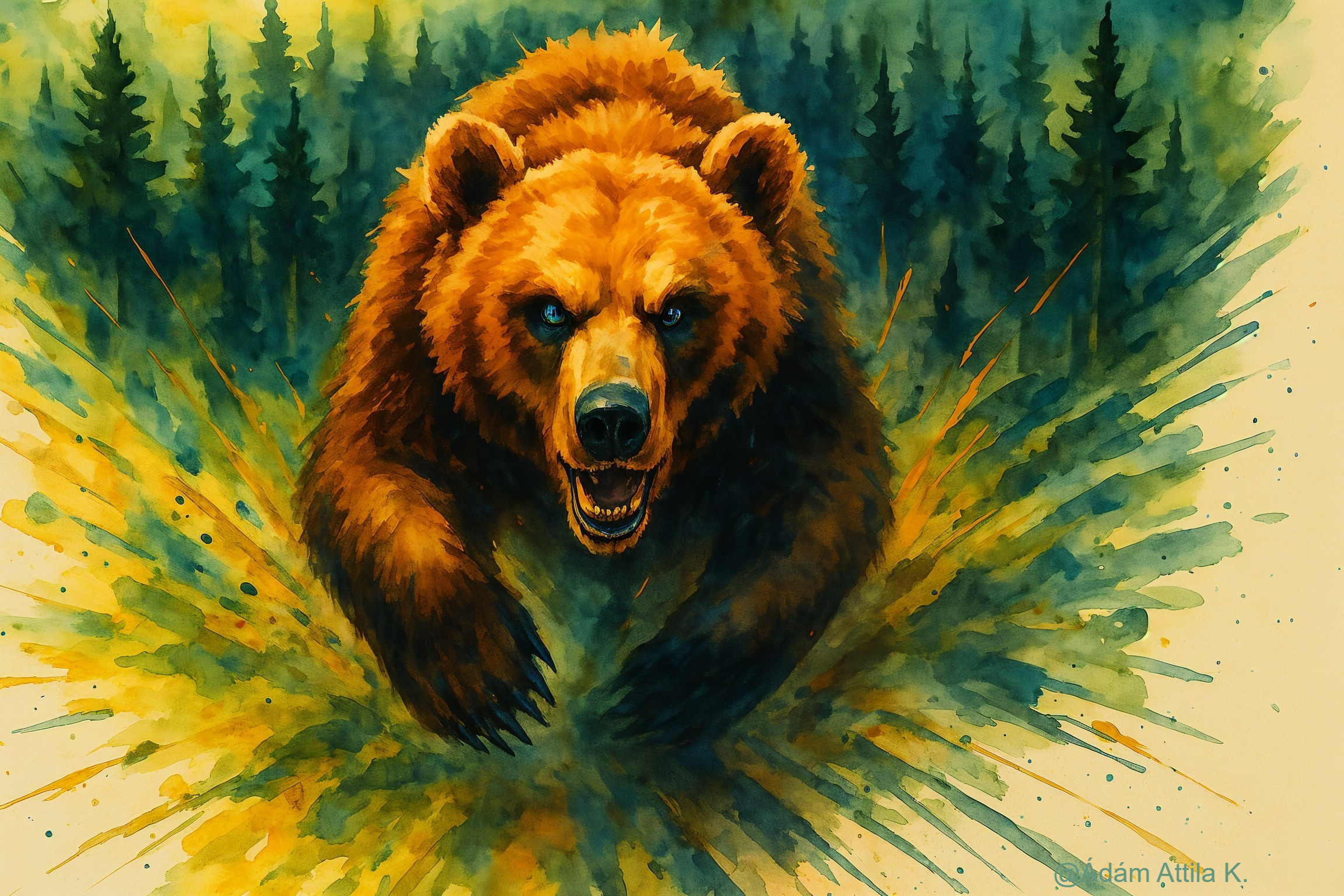 Watercolor Illustration of a Charging Brown Bear