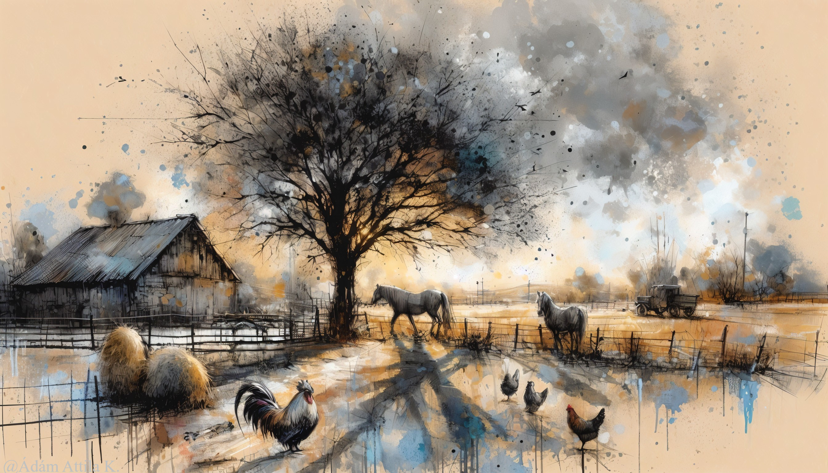 Serene Rural Scene with Sunset and Farm Elements