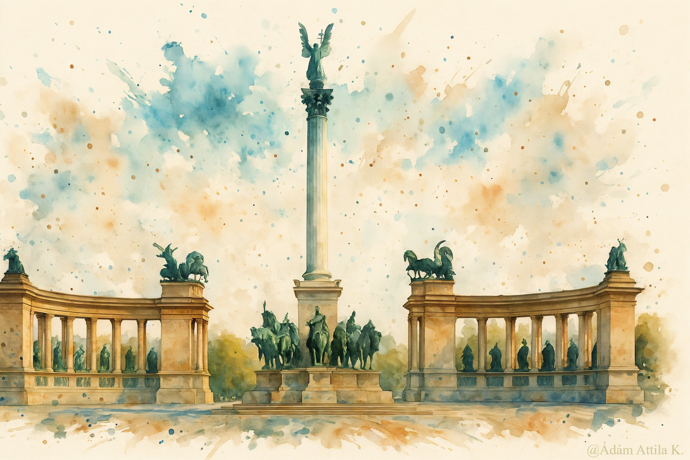 Watercolor Painting of a Grand Monument with Angel Statue