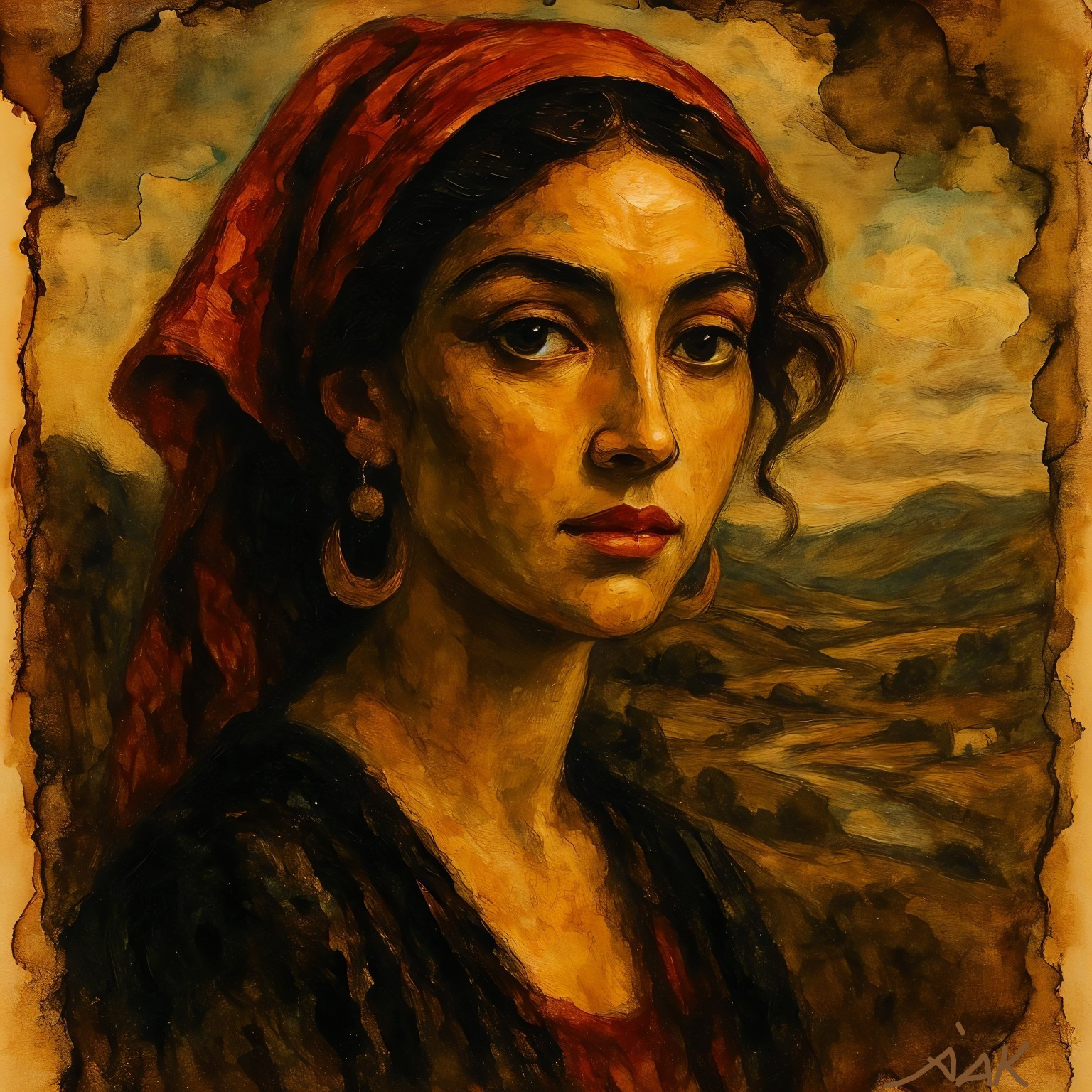 Portrait of a Woman with Dark Hair and Red Scarf