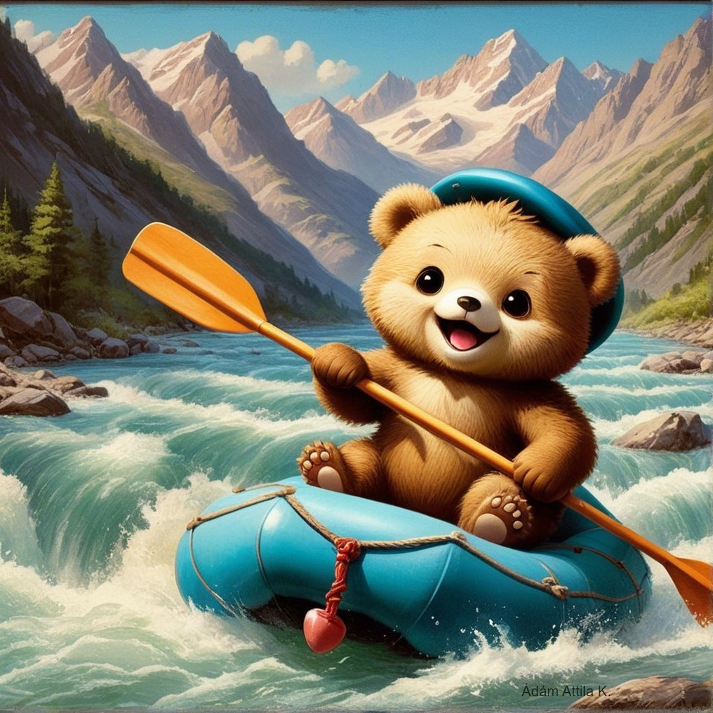 Chubby Bear in Blue Hat Rafting Down Rapid River