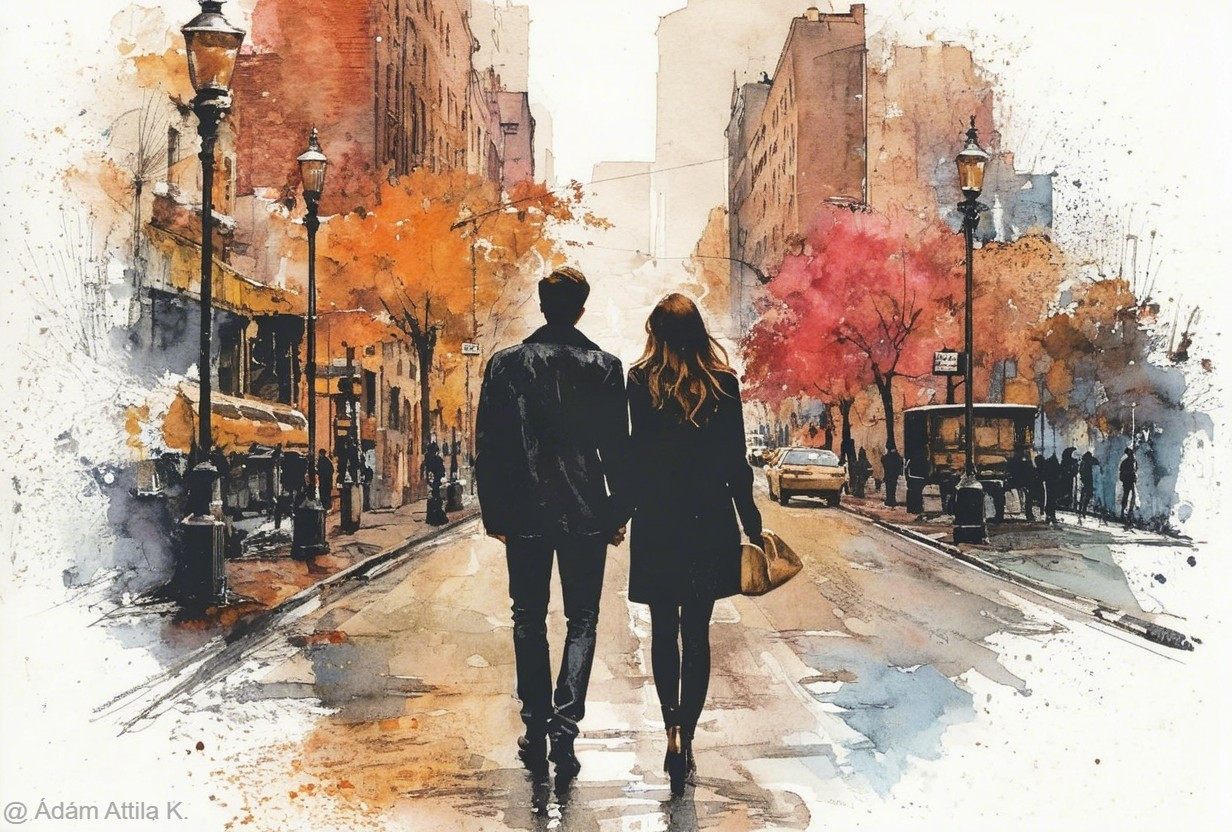 Couple Walking on Autumn Street with Vibrant Trees
