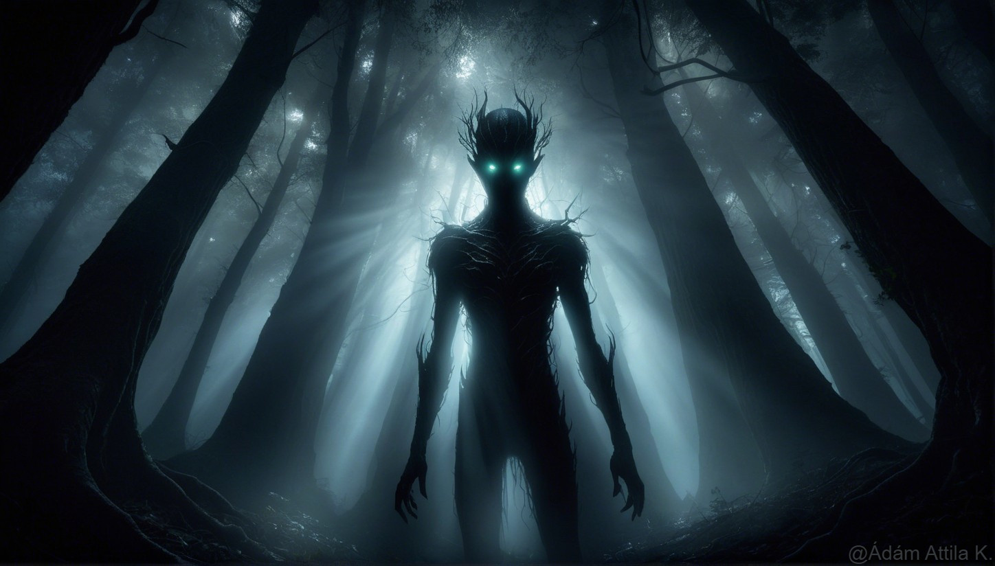 Tall figure in shadowy forest with glowing blue eyes