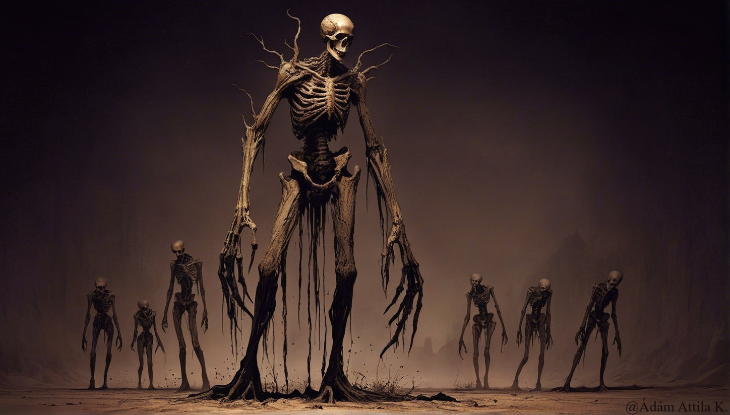 Eerie Scene of Skeletal Figures in Dark Landscape