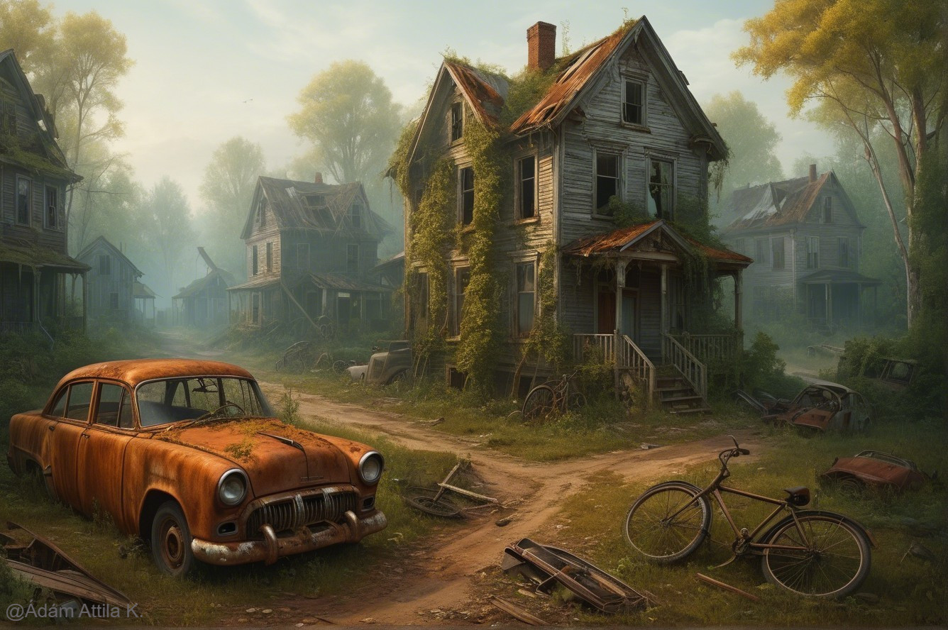 Abandoned Village with Overgrown Nature and Rusting Vehicles