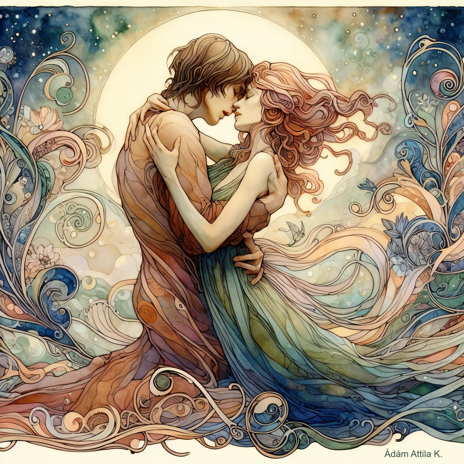 Romantic Embrace Amid Floral Patterns and Moonlight