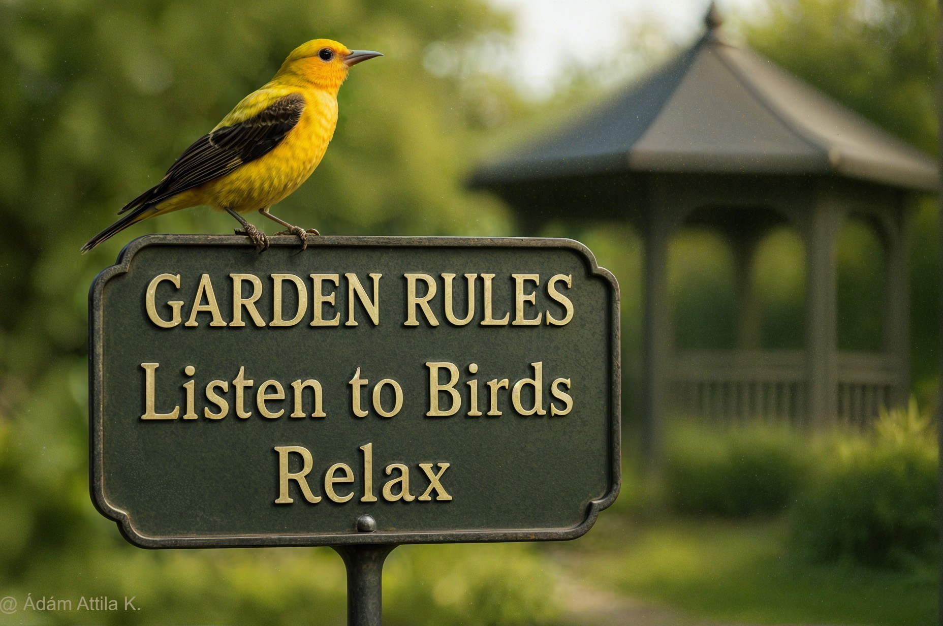 Vibrant Yellow Bird on Garden Rules Sign with Gazebo