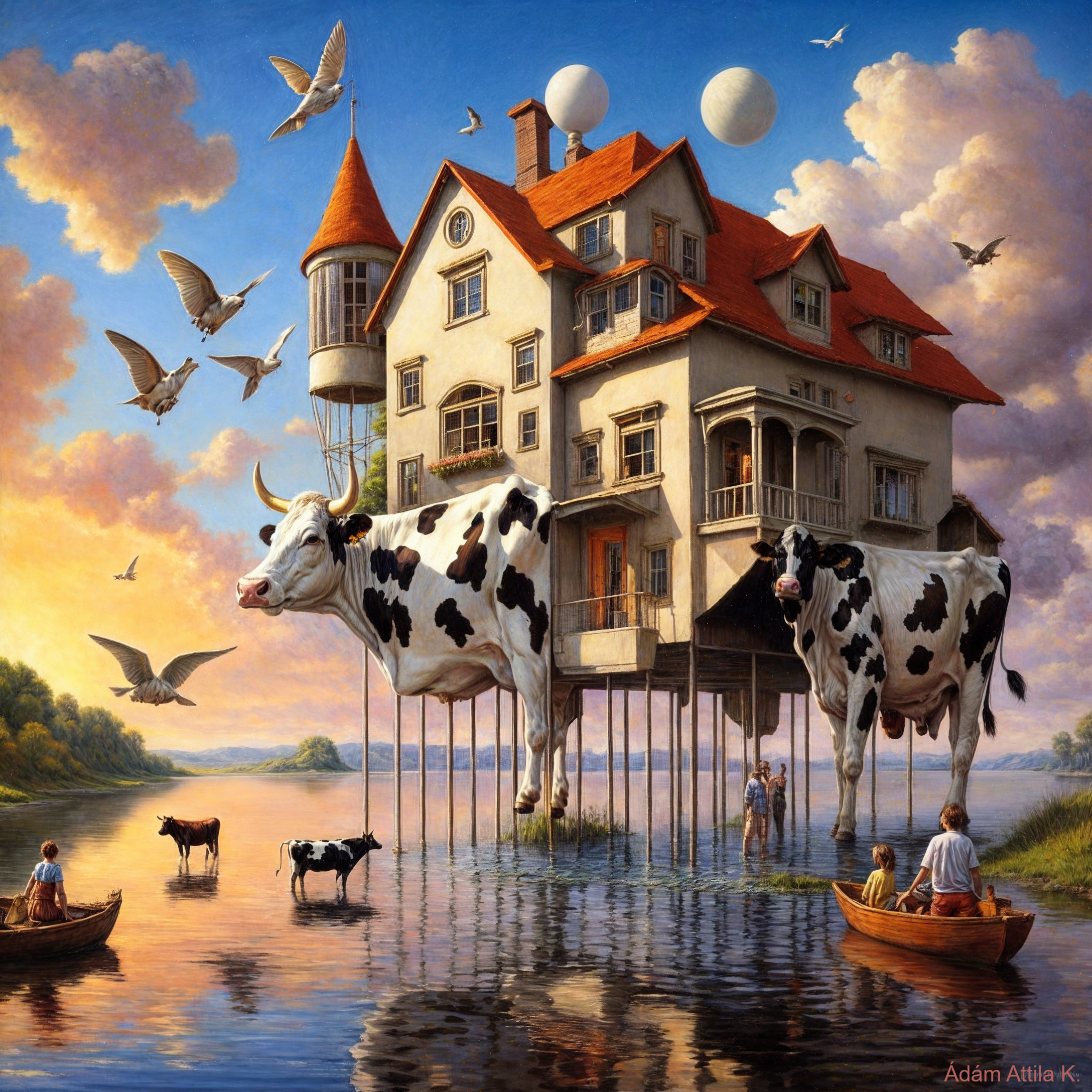 Surreal House Above Lake Supported by Giant Cows
