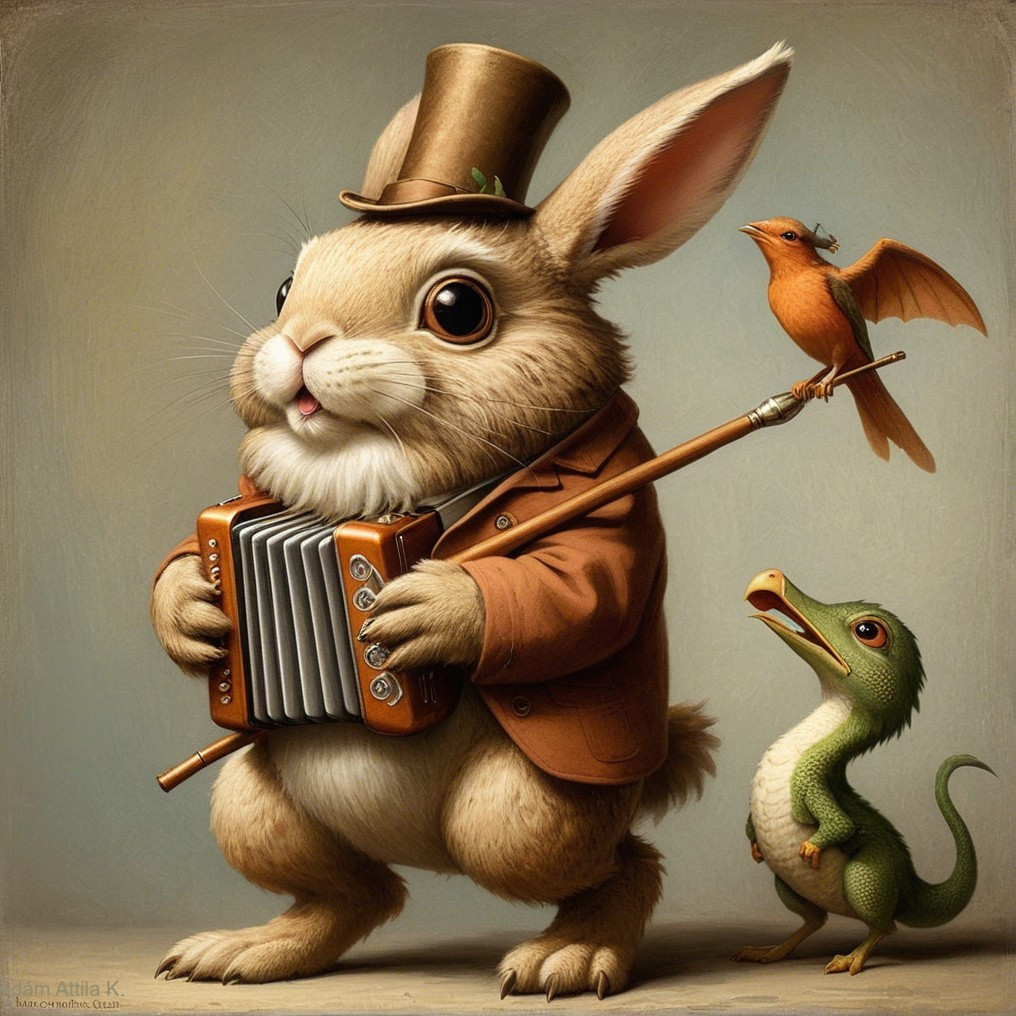 Whimsical Rabbit in Coat and Hat with Dinosaur Companion
