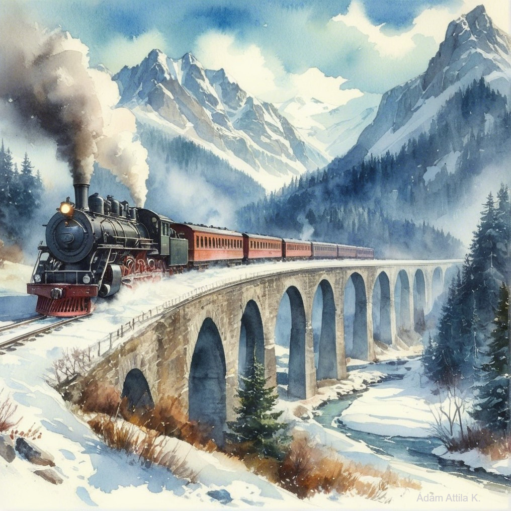 Vintage Steam Train on Stone Viaduct in Winter Landscape