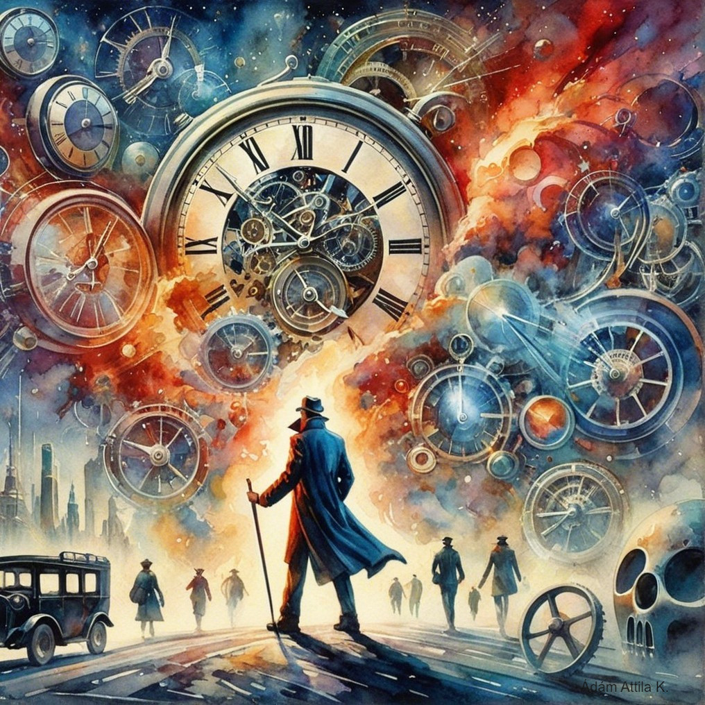 Cosmic Scene with Figure and Vintage Clocks