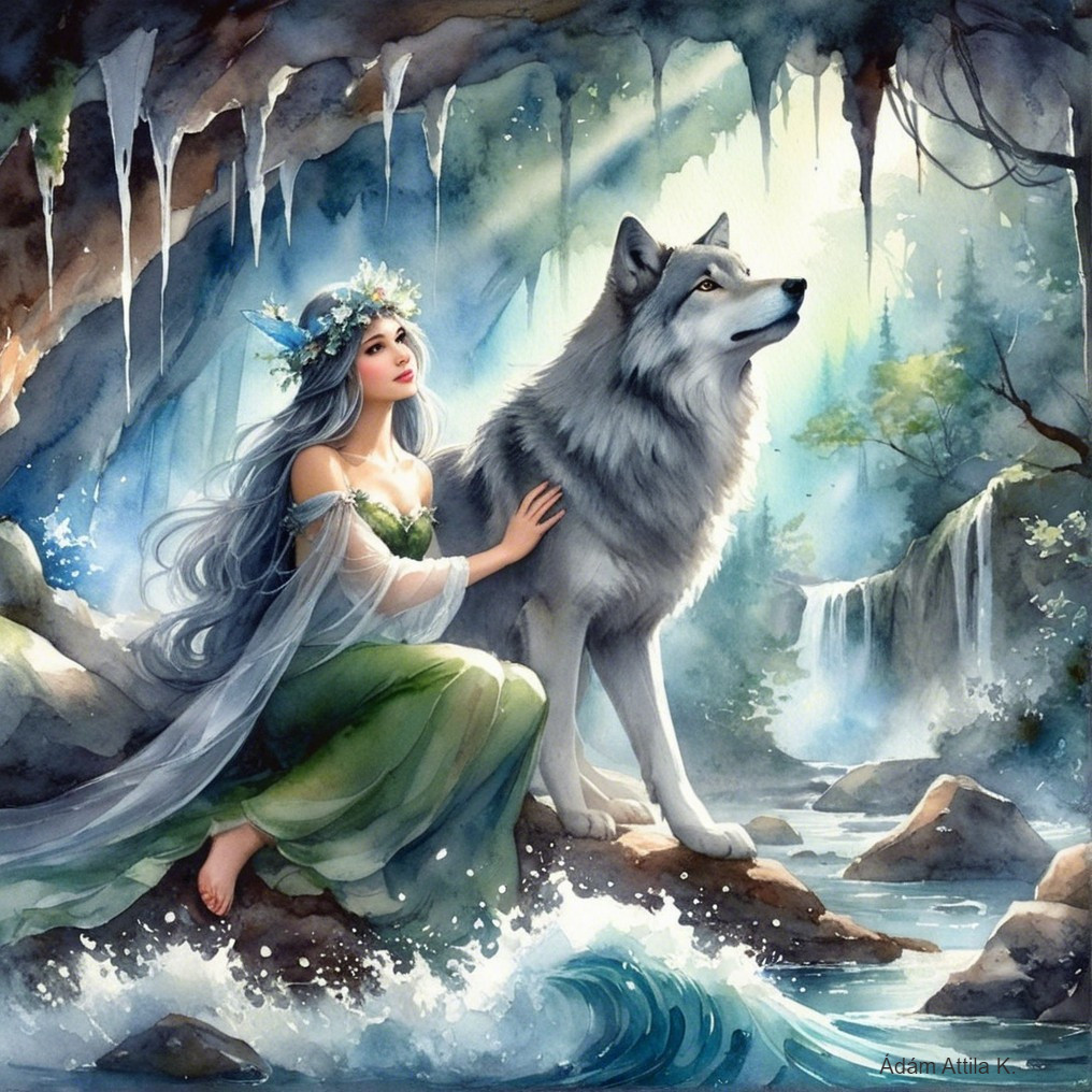 Serene Woman and Gray Wolf in Mystical Cave Setting