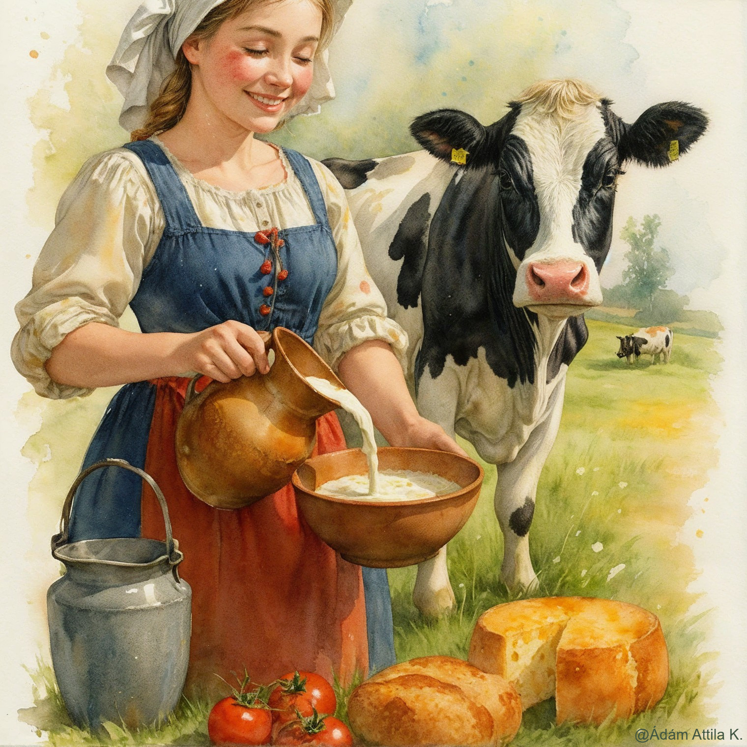 Young Woman Pours Milk in Serene Rural Setting