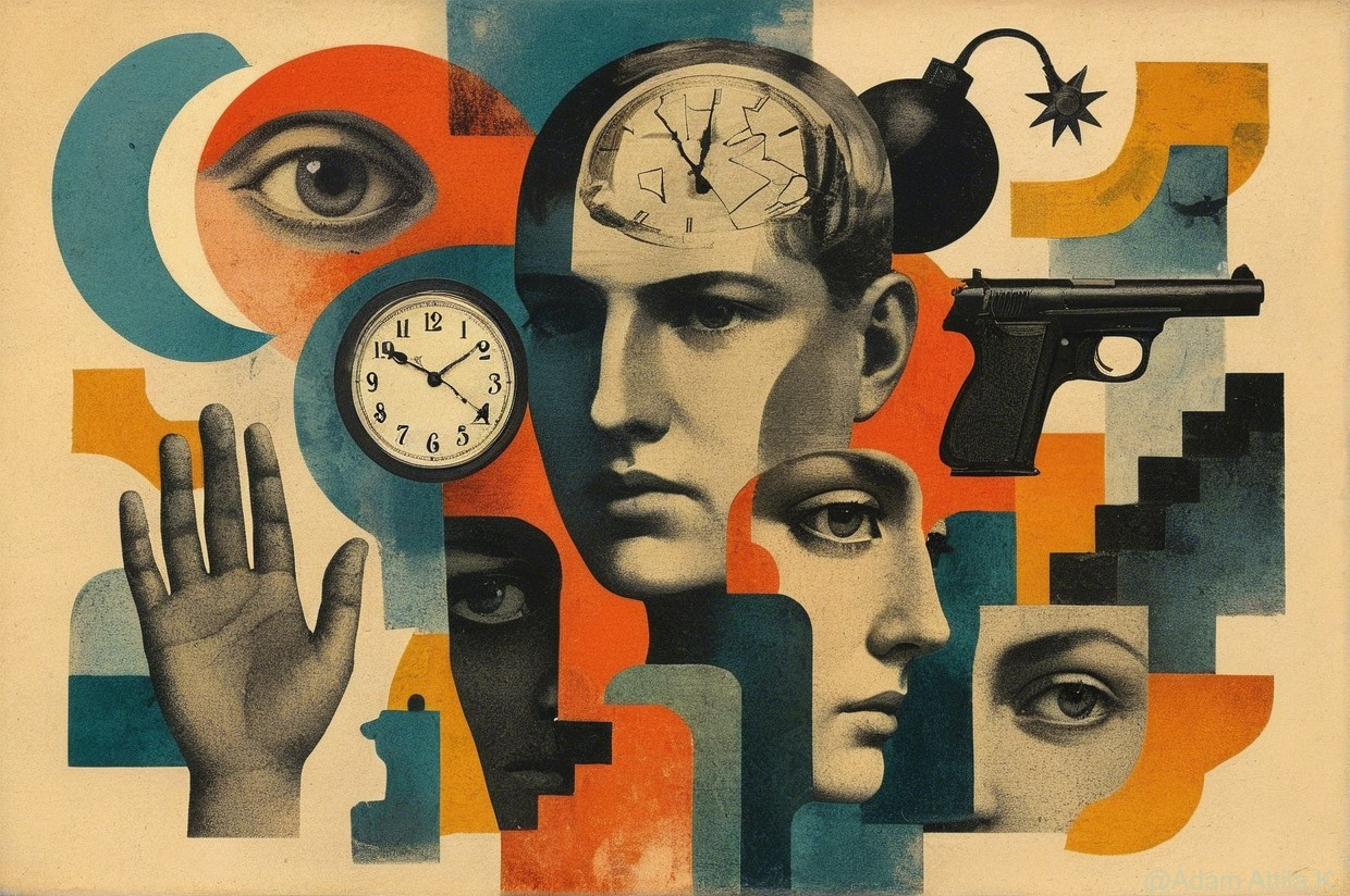 Surreal Collage of Human Faces and Symbolic Elements