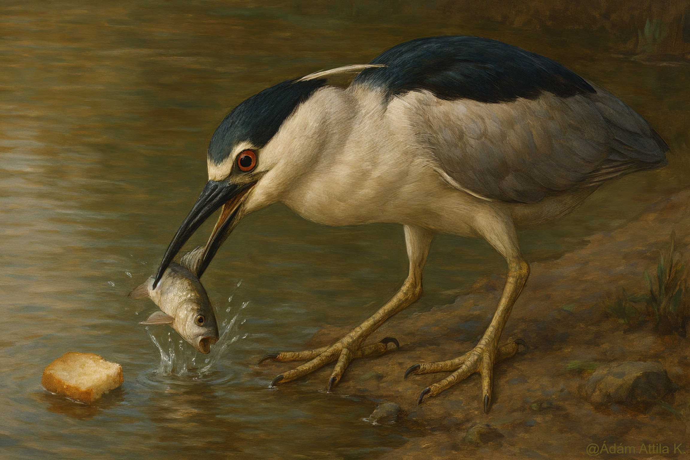 Heron at Water's Edge with Fish and Calm Reflection