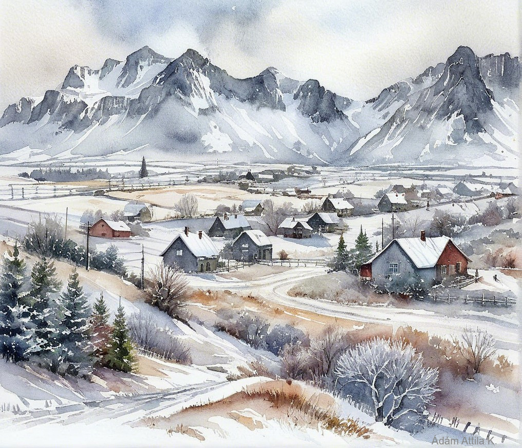 Serene Winter Landscape with Village and Mountains