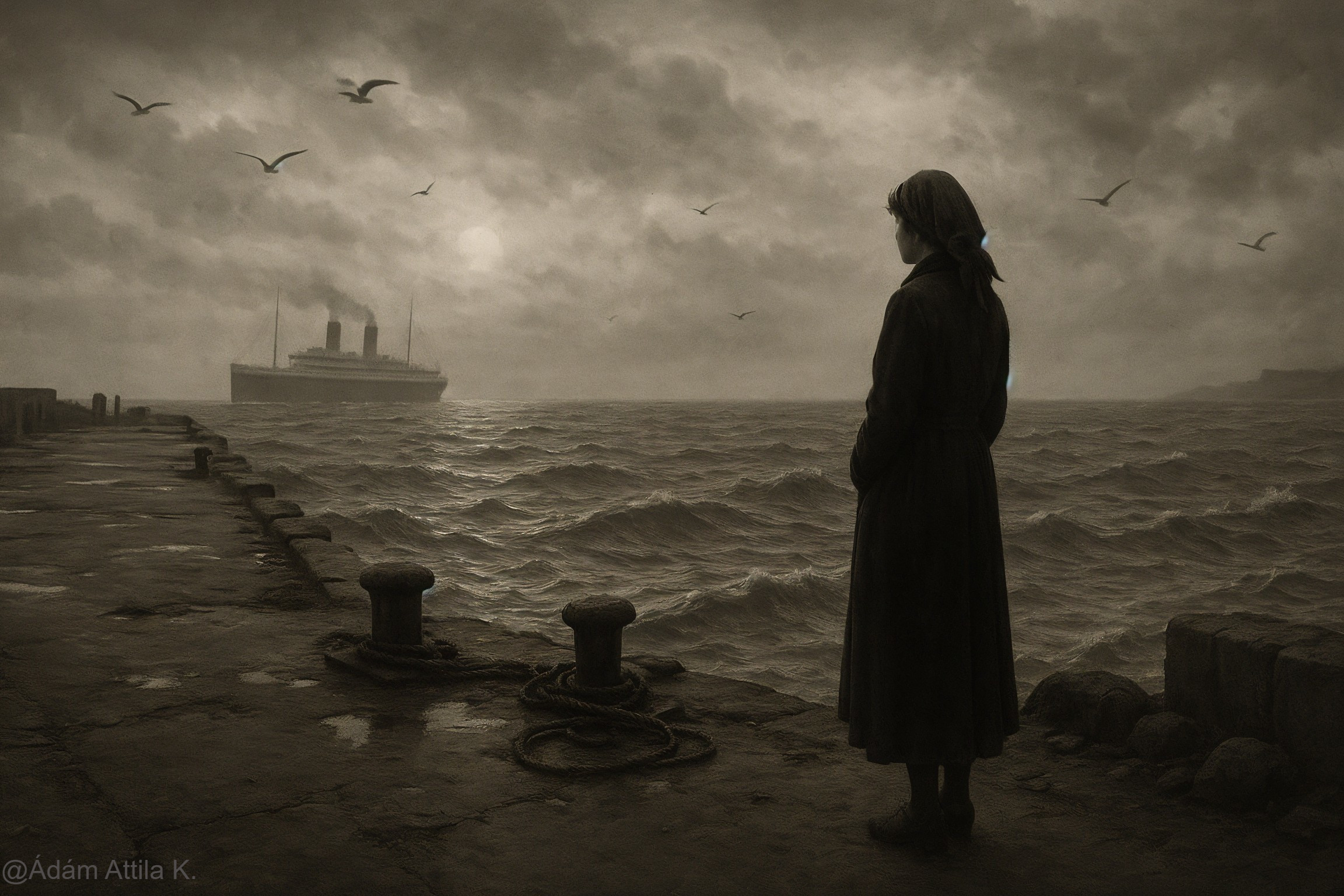 Solitary Figure on Misty Pier with Turbulent Waters