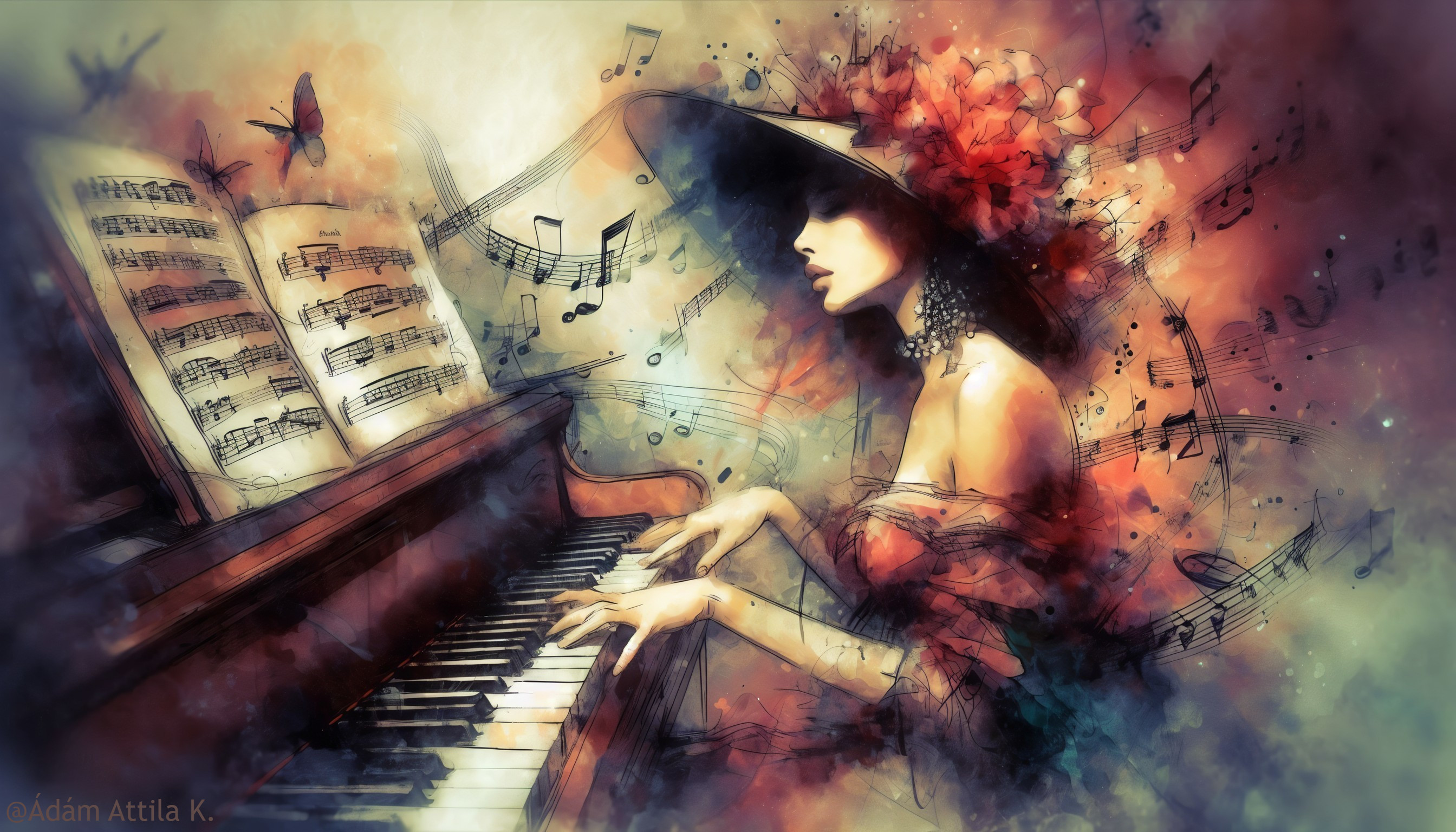 Serene Woman in Hat Playing Grand Piano with Nature