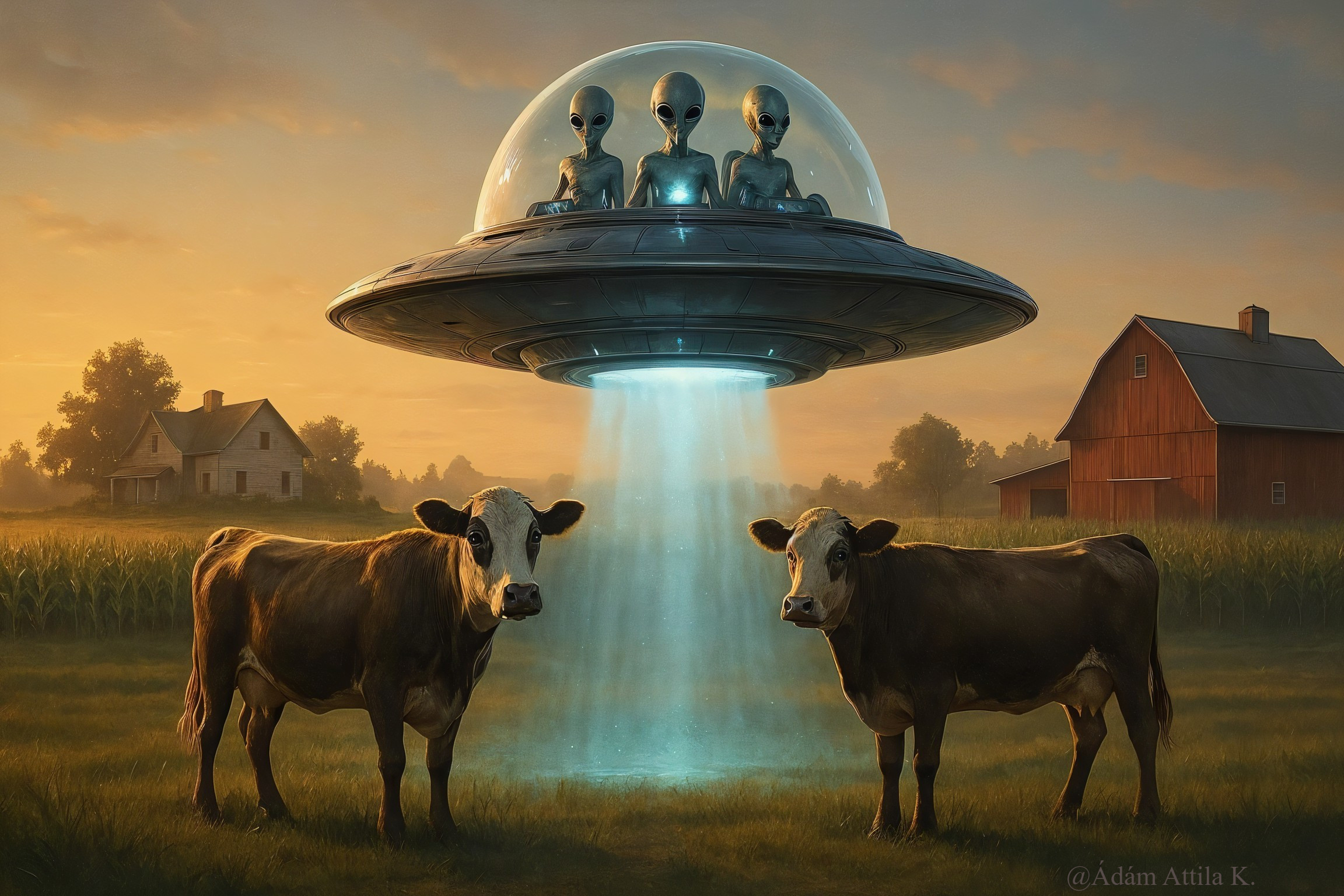 Cows Under UFO in Serene Rural Sunset Landscape