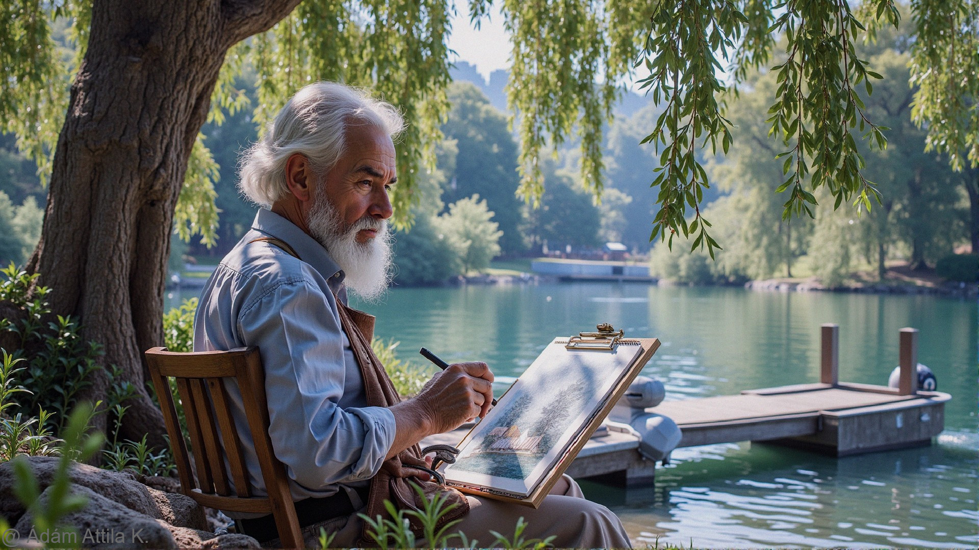 Elderly Man Painting by a Serene Lake in Nature