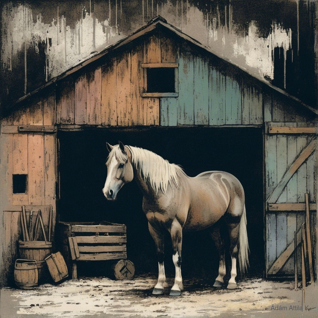 White Horse Near Rustic Barn with Farm Elements