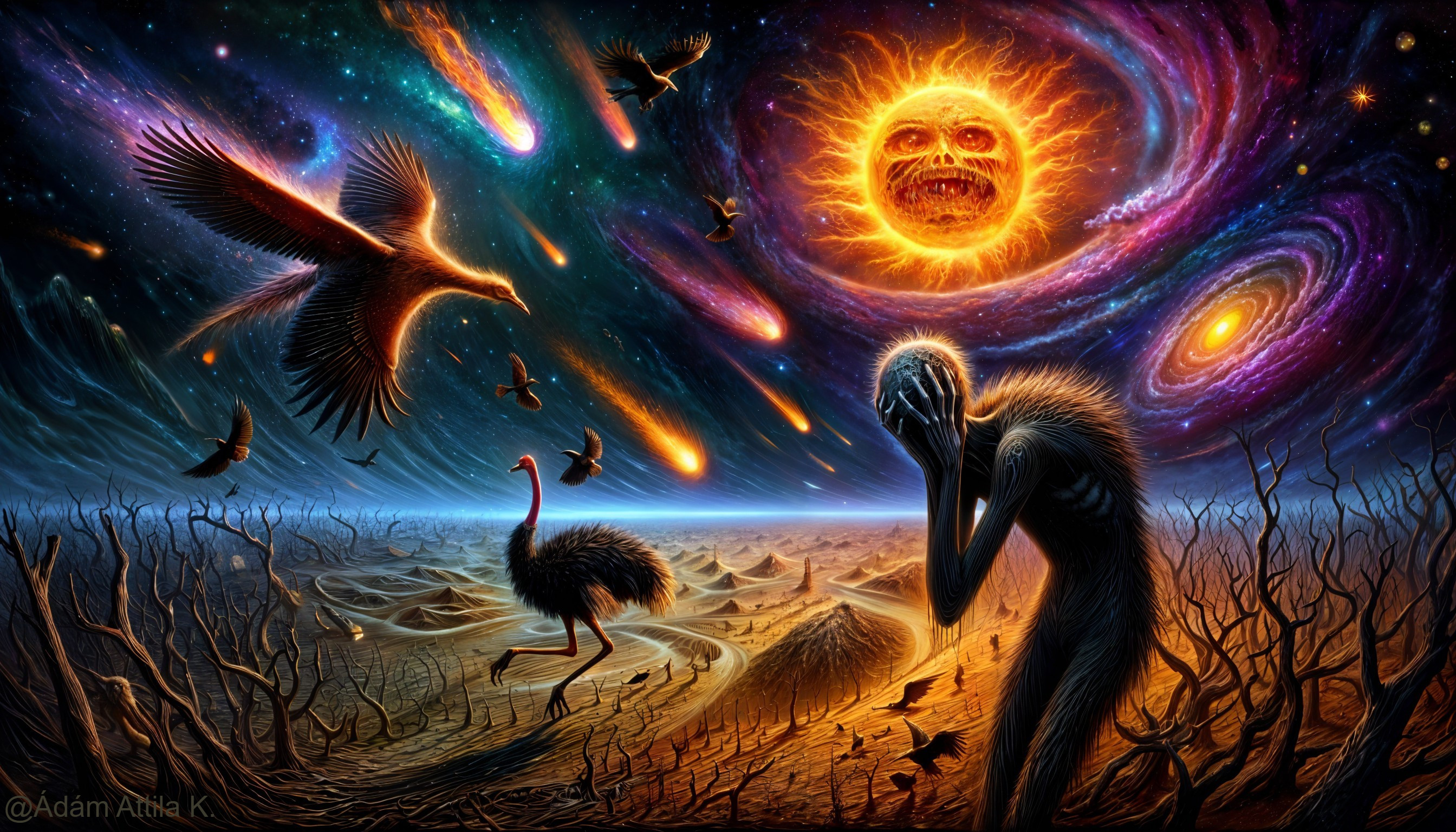 Surreal Cosmic Landscape with Humanoid Figure and Galaxies