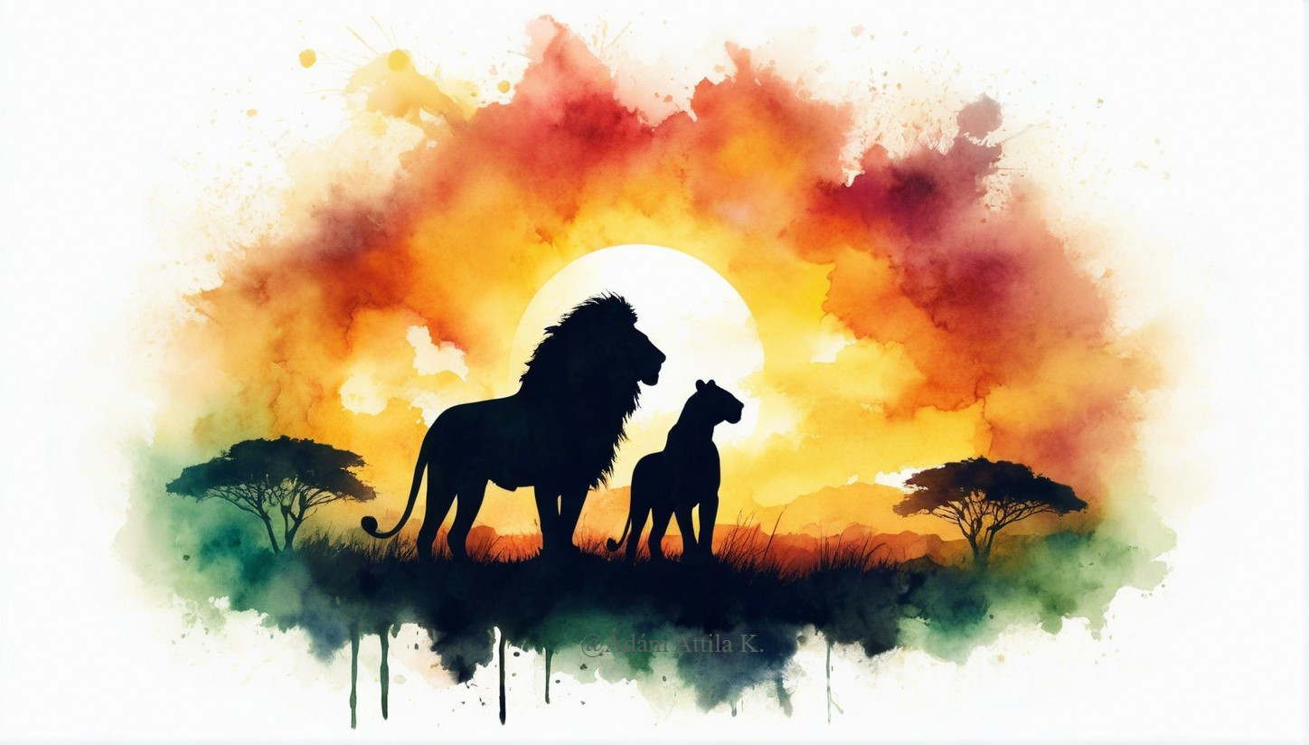 Watercolor Silhouette of Lion and Lioness at Sunset