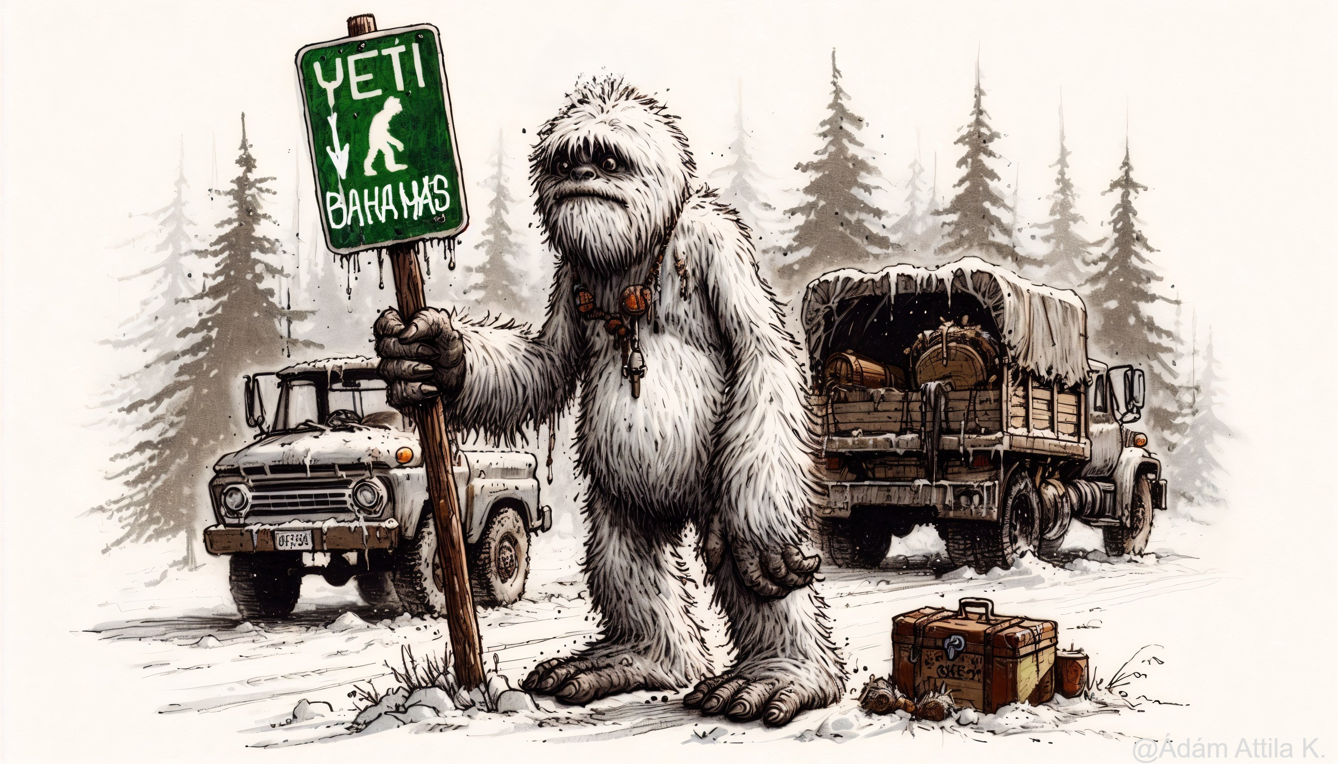 Yeti Illustration with Road Sign in Winter Landscape