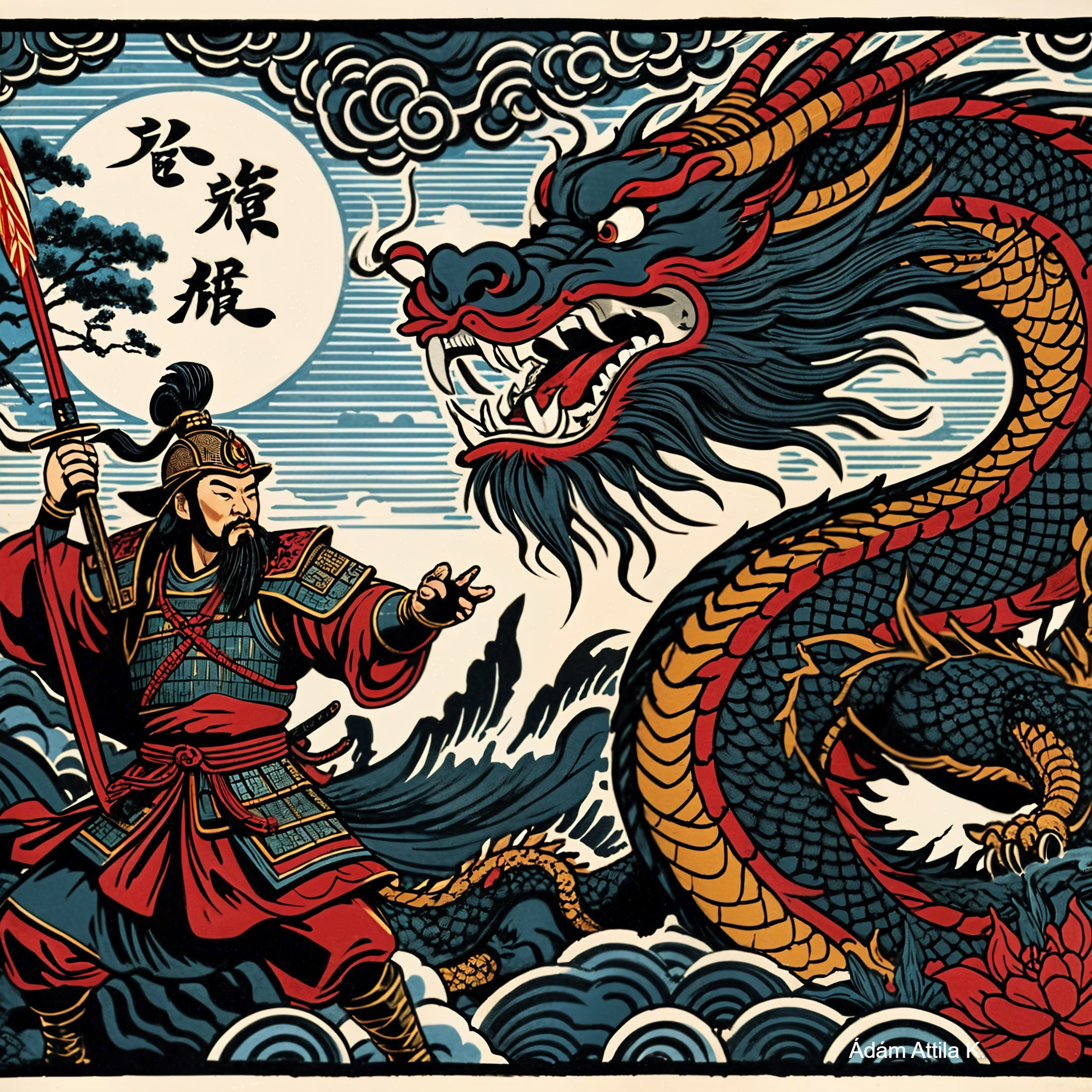 Warrior in Armor Facing Dragon Under Moonlit Sky