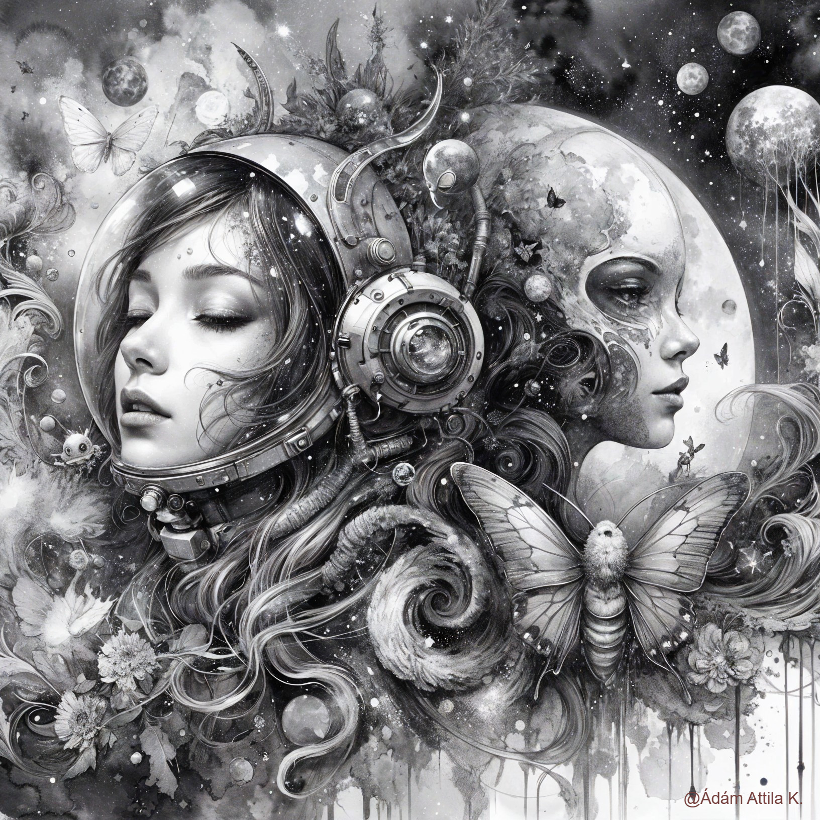 Monochromatic Fantasy and Sci-Fi Illustration with Faces