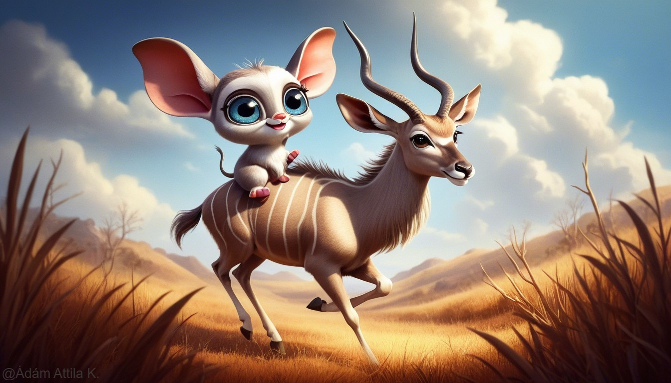 Cartoon Mouse Riding Antelope in Golden Grasslands